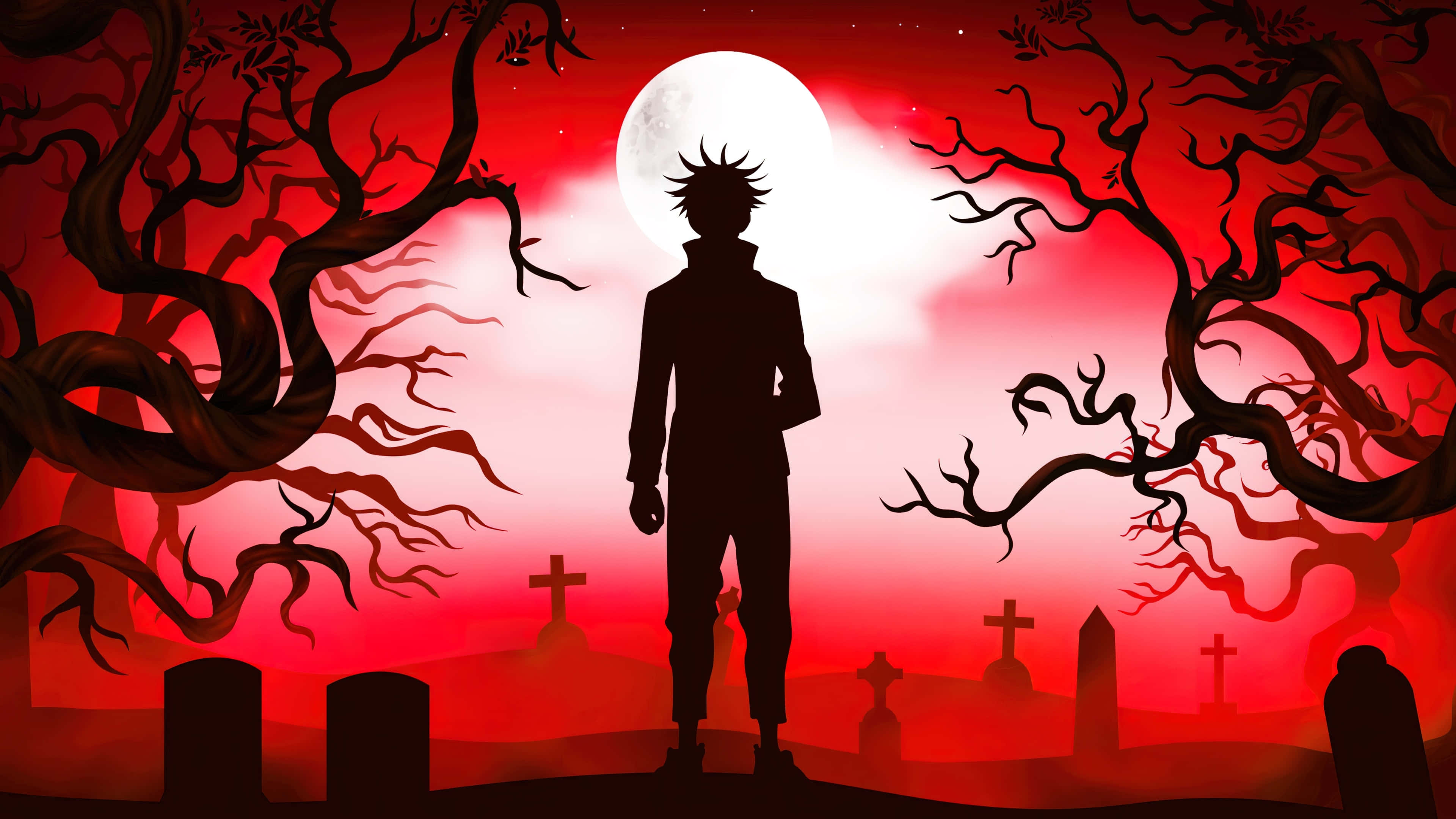 Megumi Fushiguro, full moon, graveyard, 4K Desktop Wallpaper