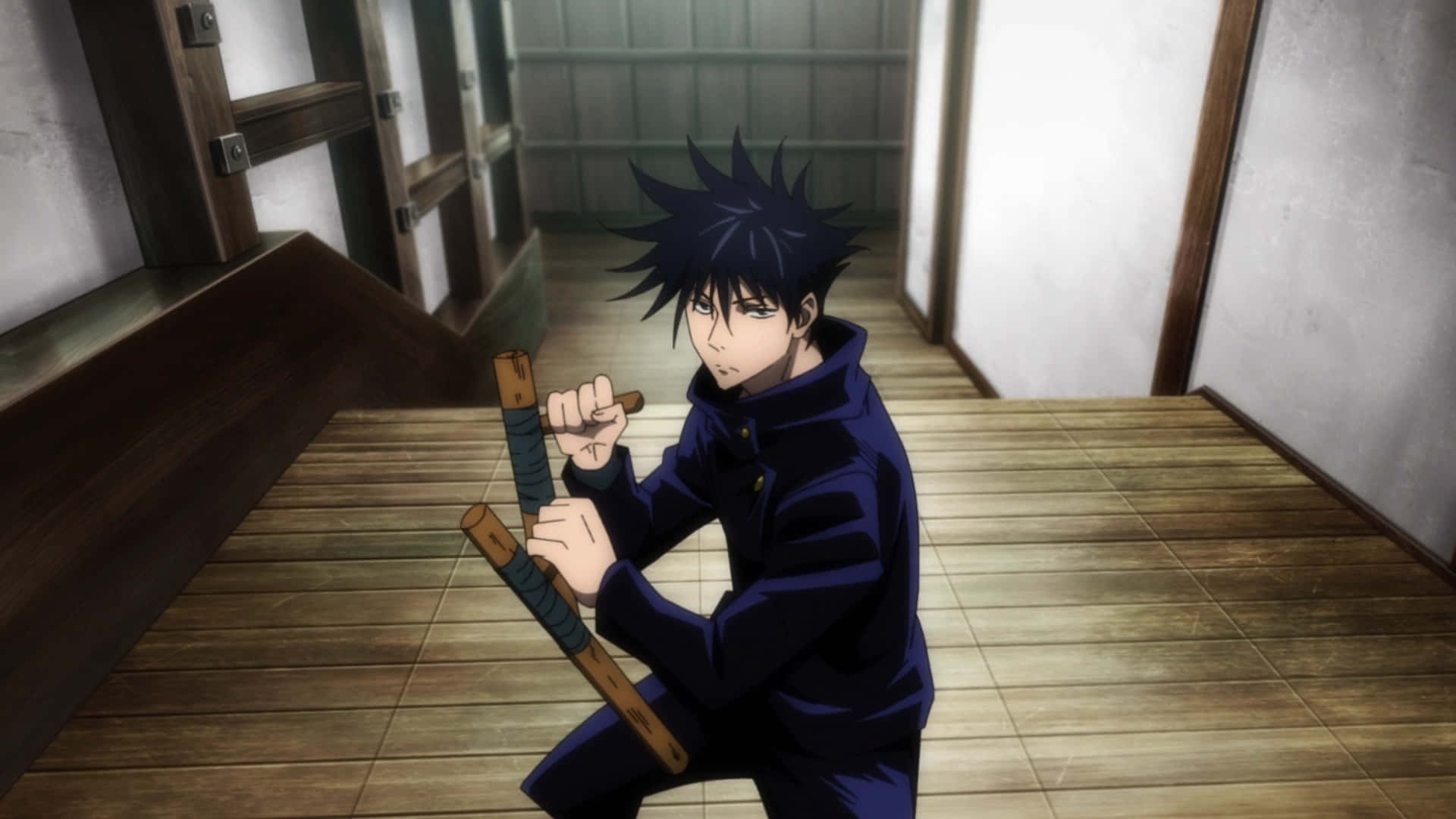 Megumi Fushiguro, dark blue uniform, wooden sword, Full HD Desktop Wallpaper
