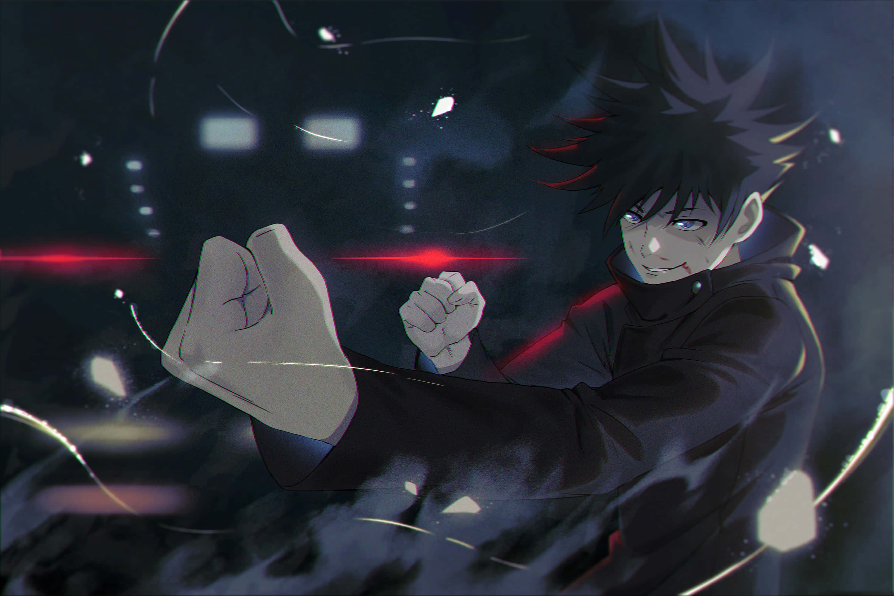 Megumi Fushiguro, spiky black hair, glowing eyes, 2K Desktop Wallpaper