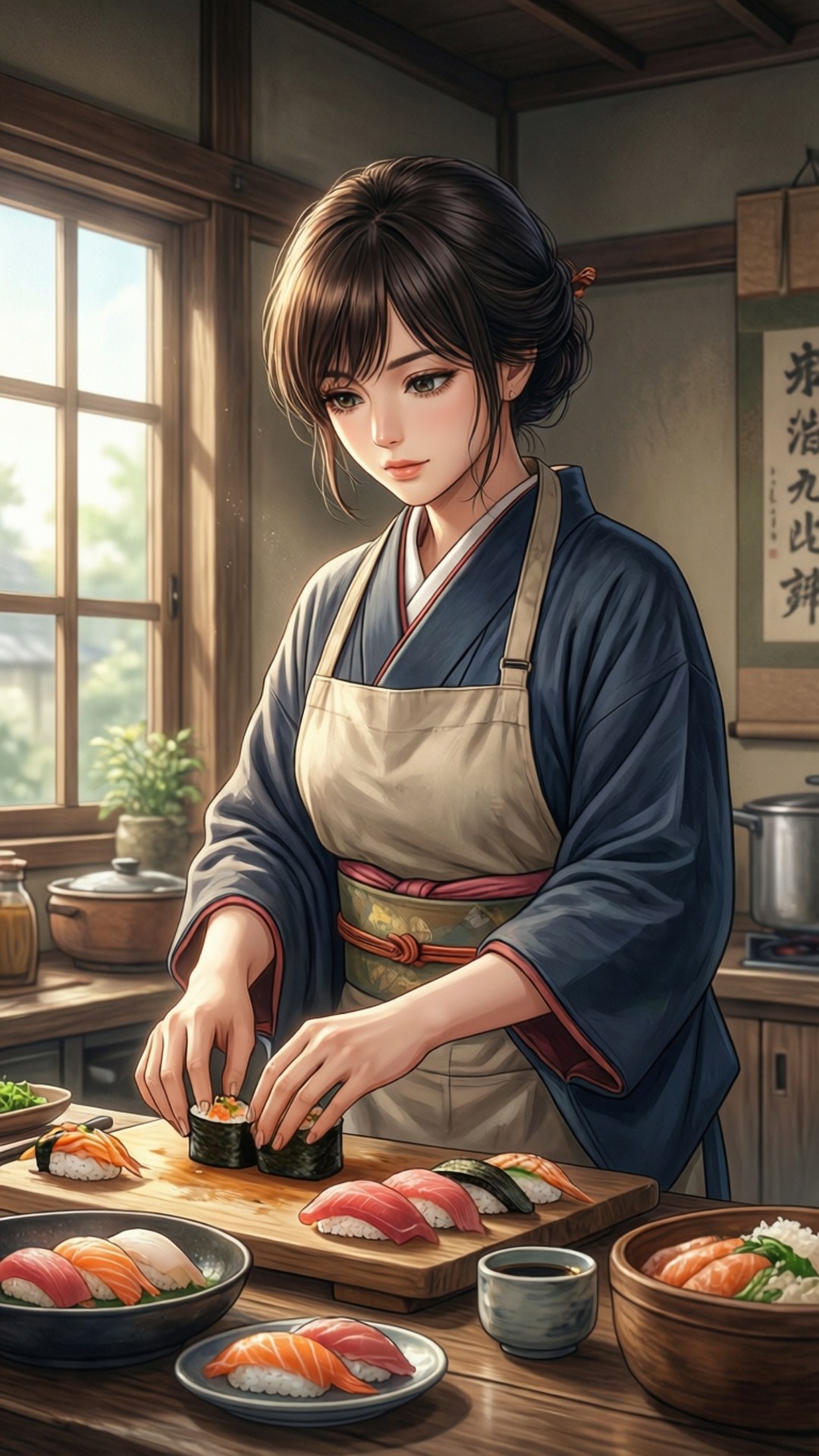 Megumi Tadokoro, traditional kitchen, sushi, Full HD Phone Wallpaper