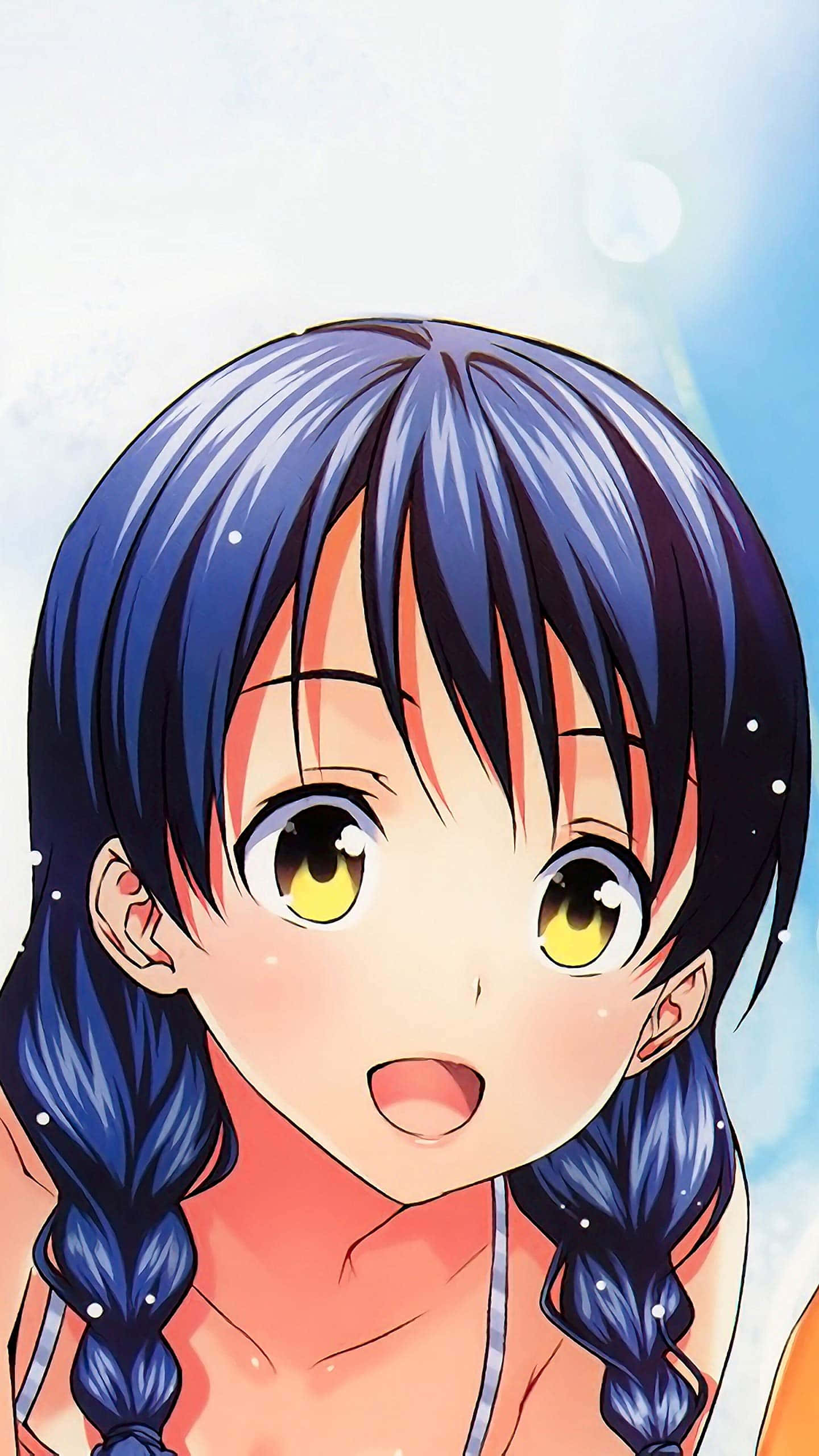 Megumi Tadokoro, blue braided hair, bright yellow eyes, 2K Phone Wallpaper