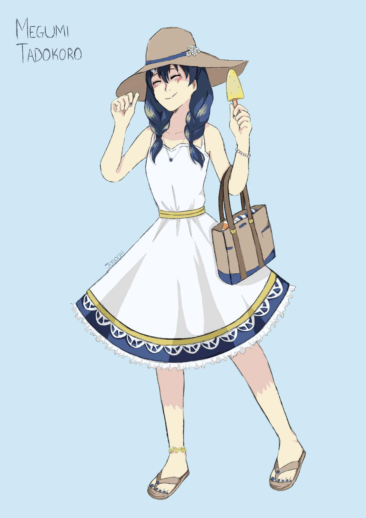Megumi Tadokoro, white dress with blue trim, ice cream cone, Full HD Phone Wallpaper