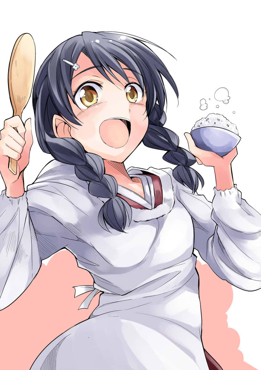 Megumi Tadokoro, dark braided hair, wooden spoon, SD Phone Wallpaper