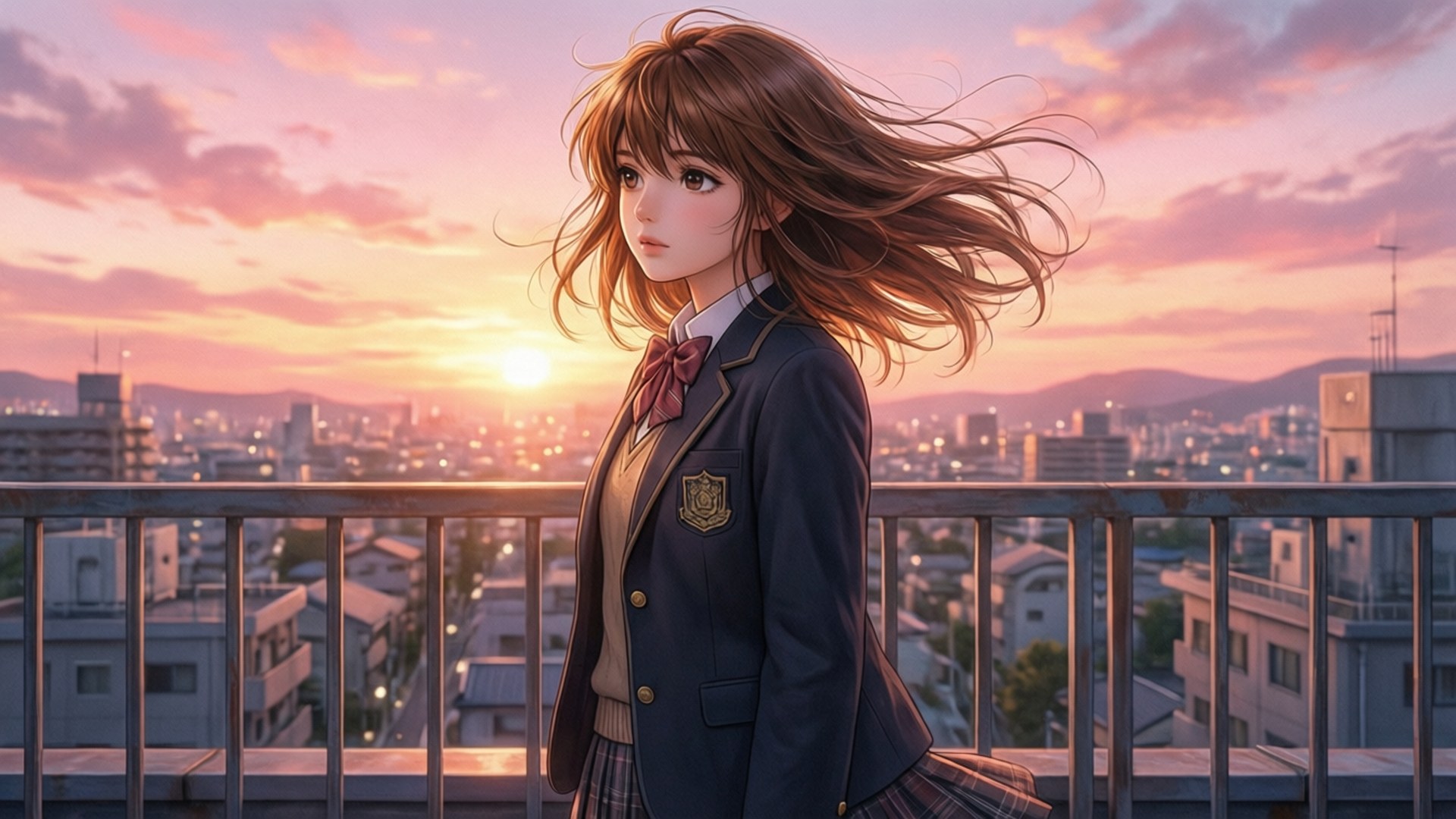 Megumi Tadokoro, sunset, rooftop, Full HD Desktop Wallpaper