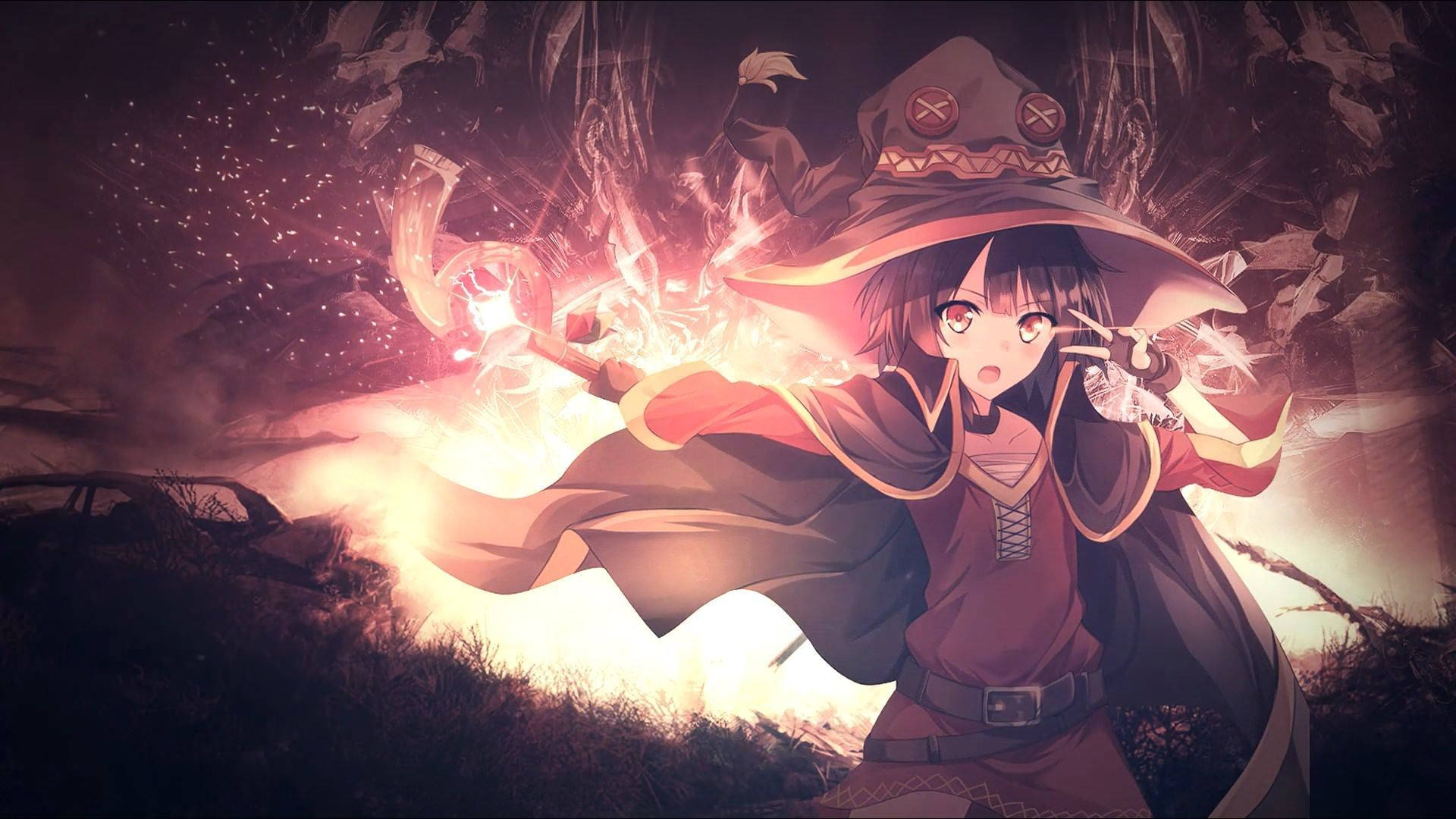 Megumin, muted red, wide-brimmed hat, Full HD Desktop Wallpaper