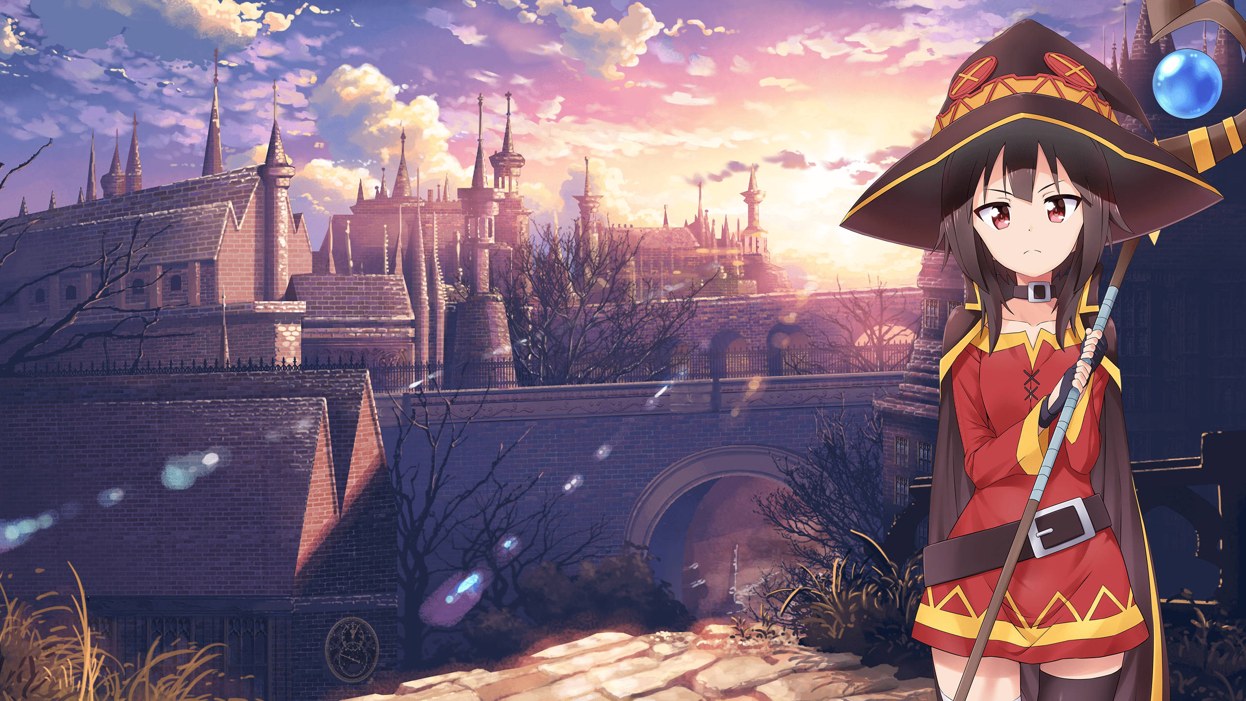 Megumin, sunlight silhouette, gothic castle, 2K Desktop Wallpaper