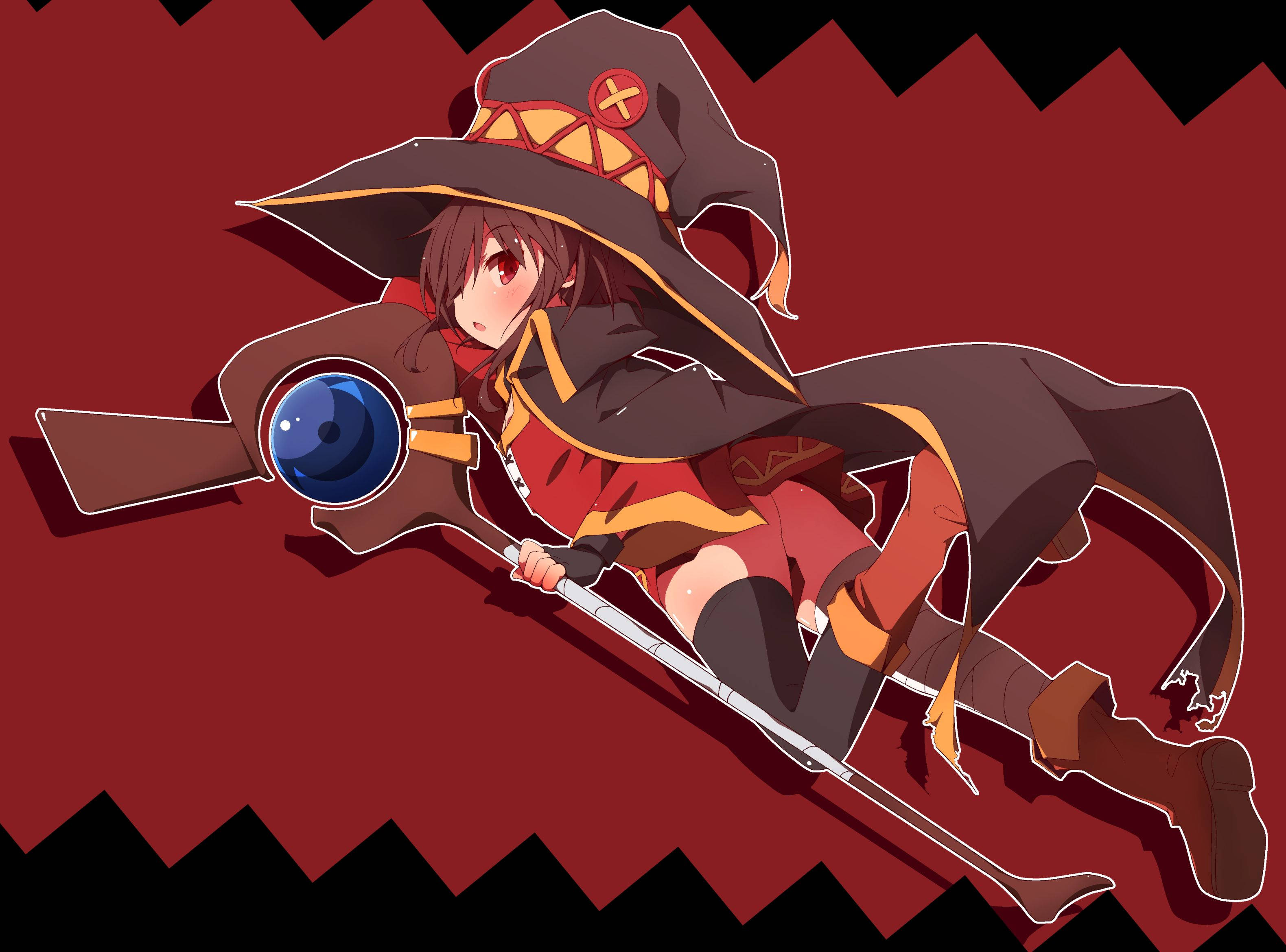 Megumin, red and black outfit, staff, 2K Desktop Wallpaper