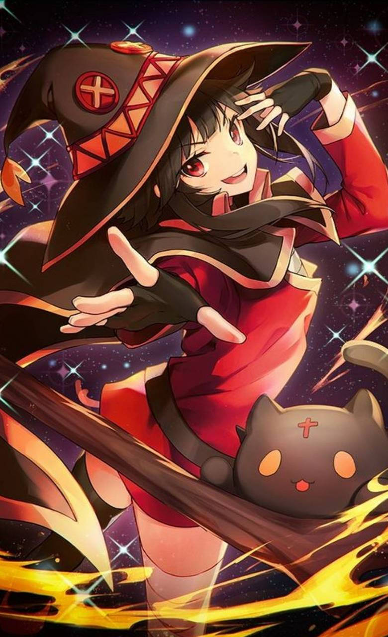 Megumin, red and black robes, staff with flames, HD Phone Wallpaper