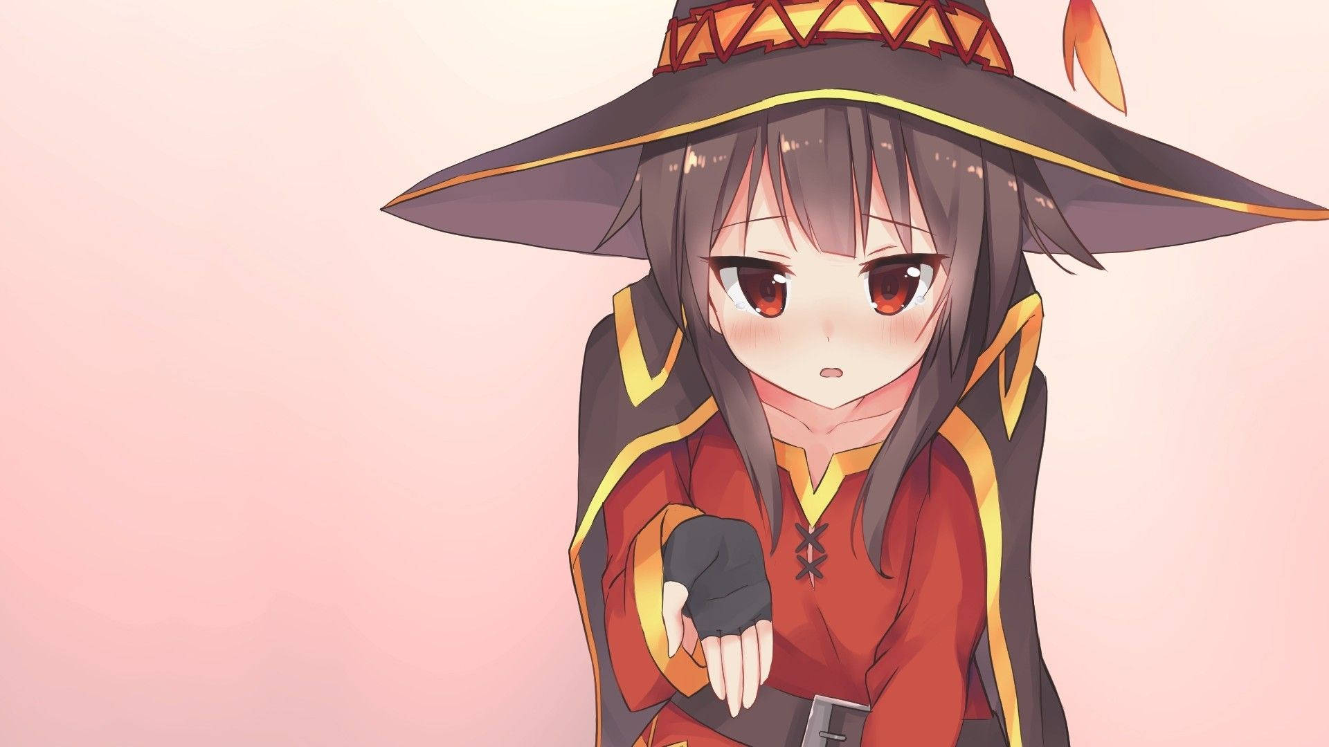 Megumin, brown eyes, wide-brimmed hat, Full HD Desktop Wallpaper