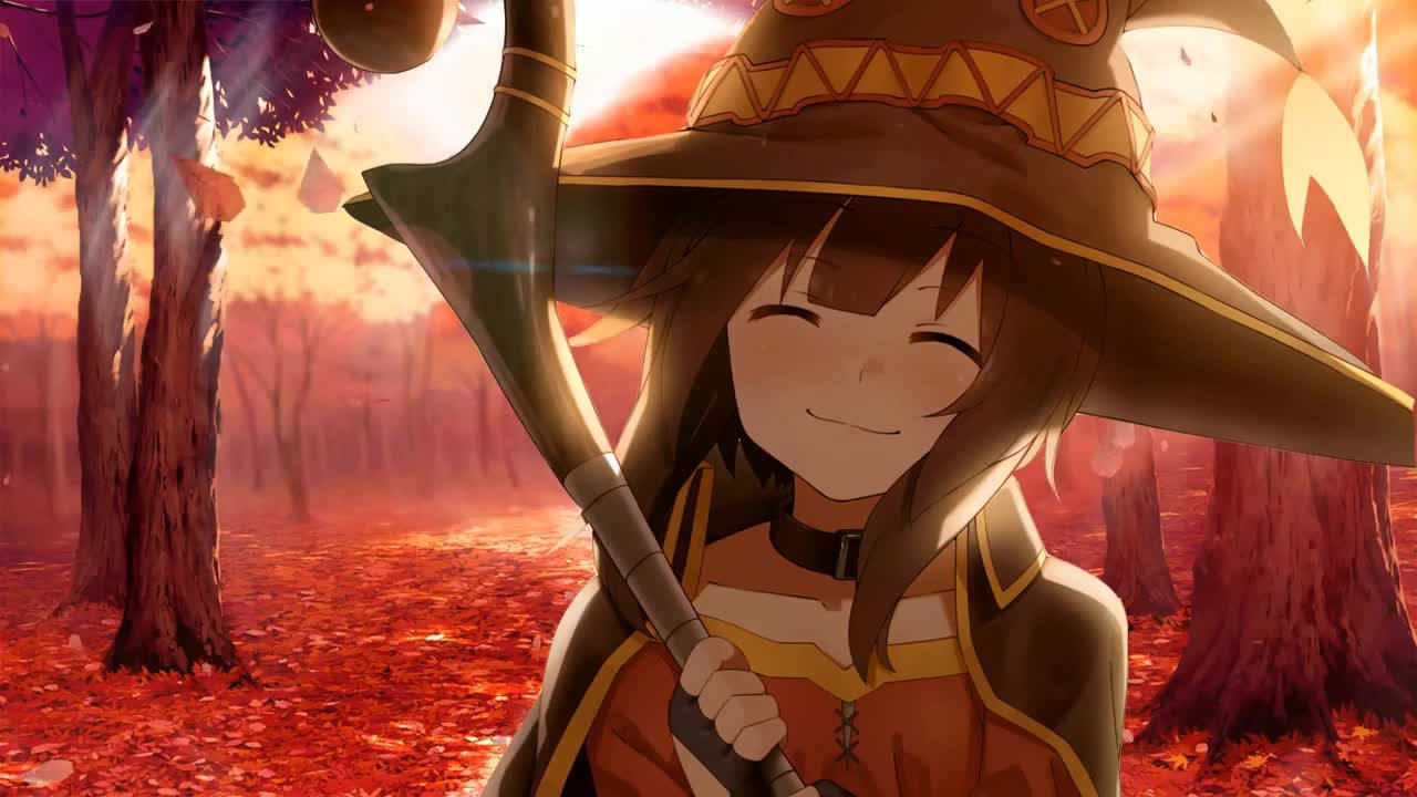 Megumin, firey red autumn leaves, glowing sunset, HD Desktop Wallpaper