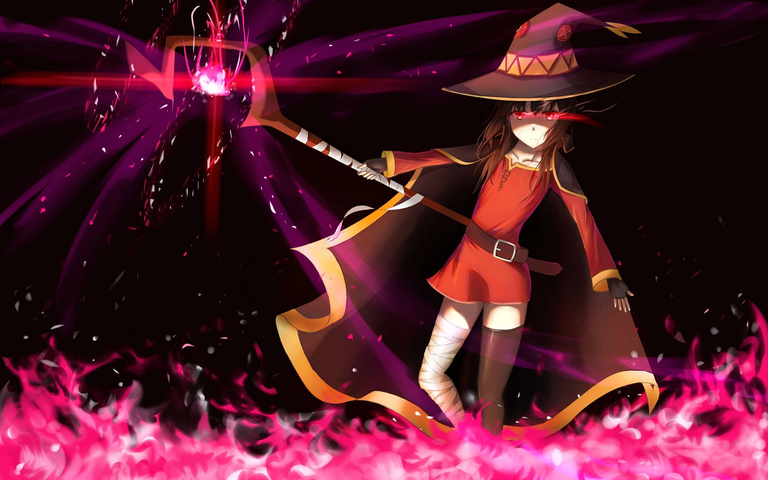 Megumin, red and gold robes, glowing staff, 2K Desktop Wallpaper