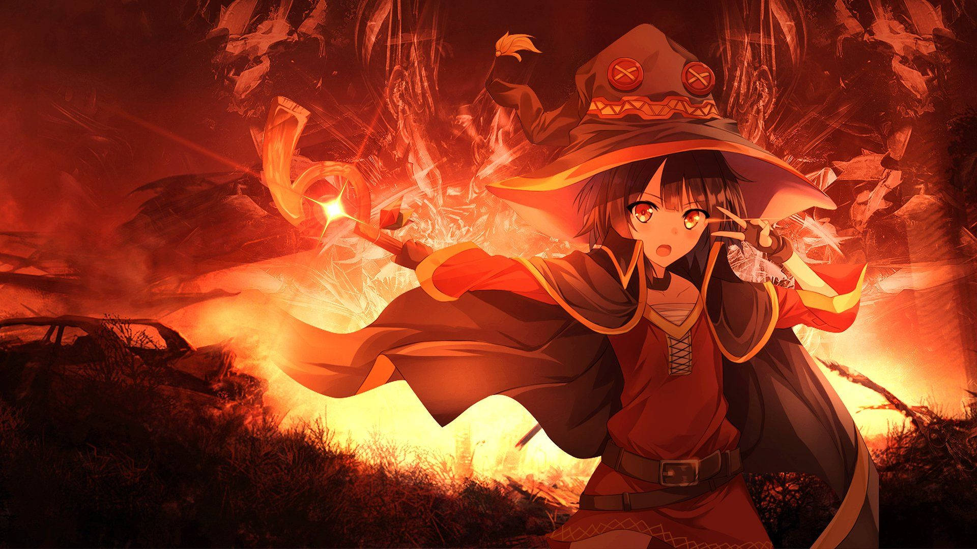 Megumin, red hat, glowing staff, Full HD Desktop Wallpaper