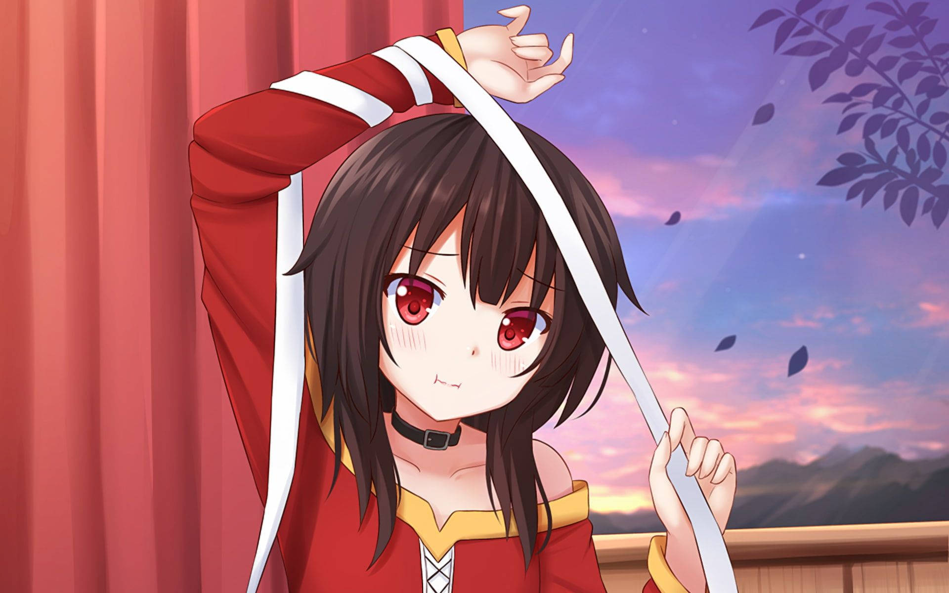 Megumin, red outfit, twilight sky, Full HD Desktop Wallpaper