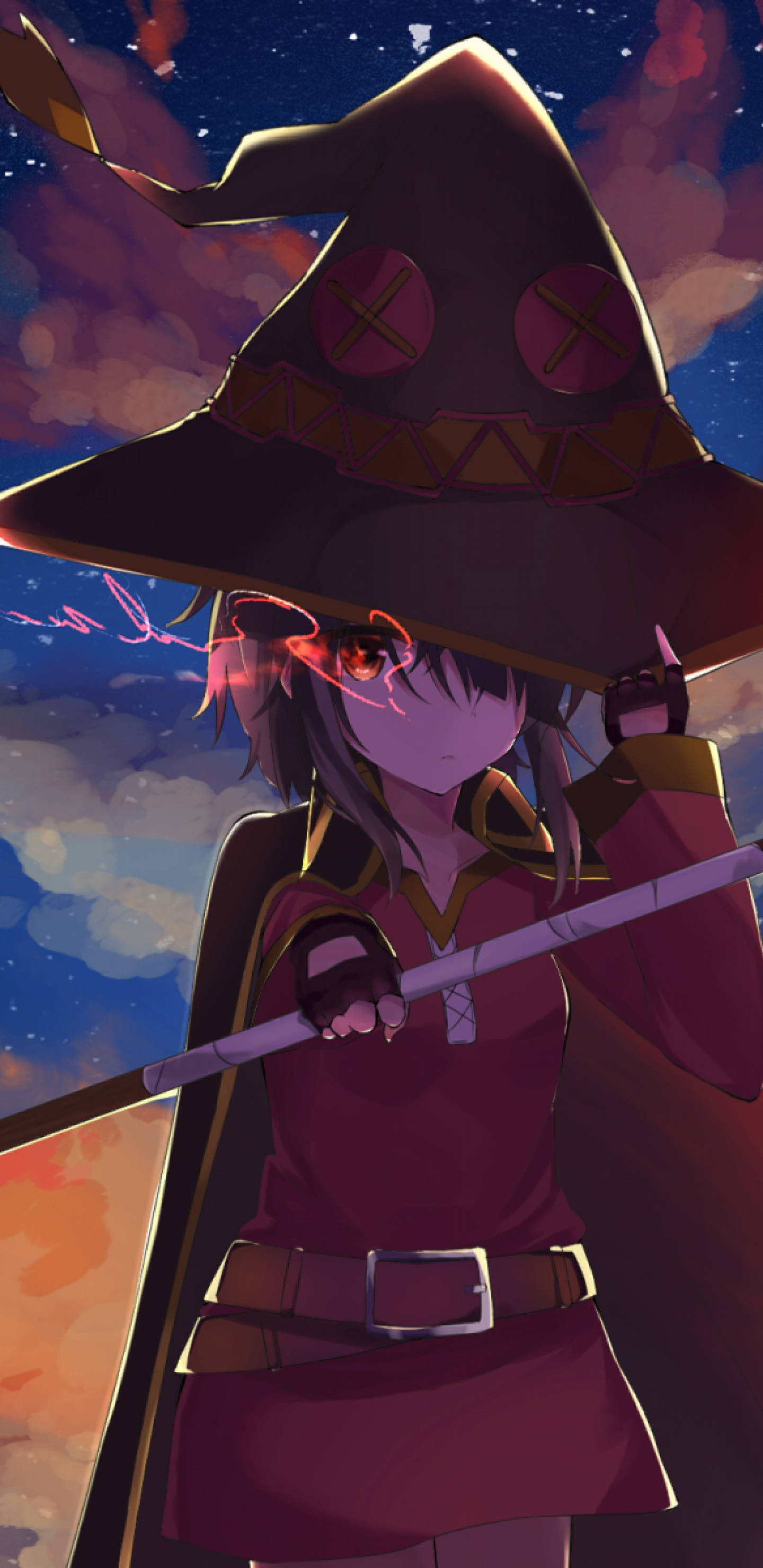 Megumin, tall hat, staff, 2K Phone Wallpaper