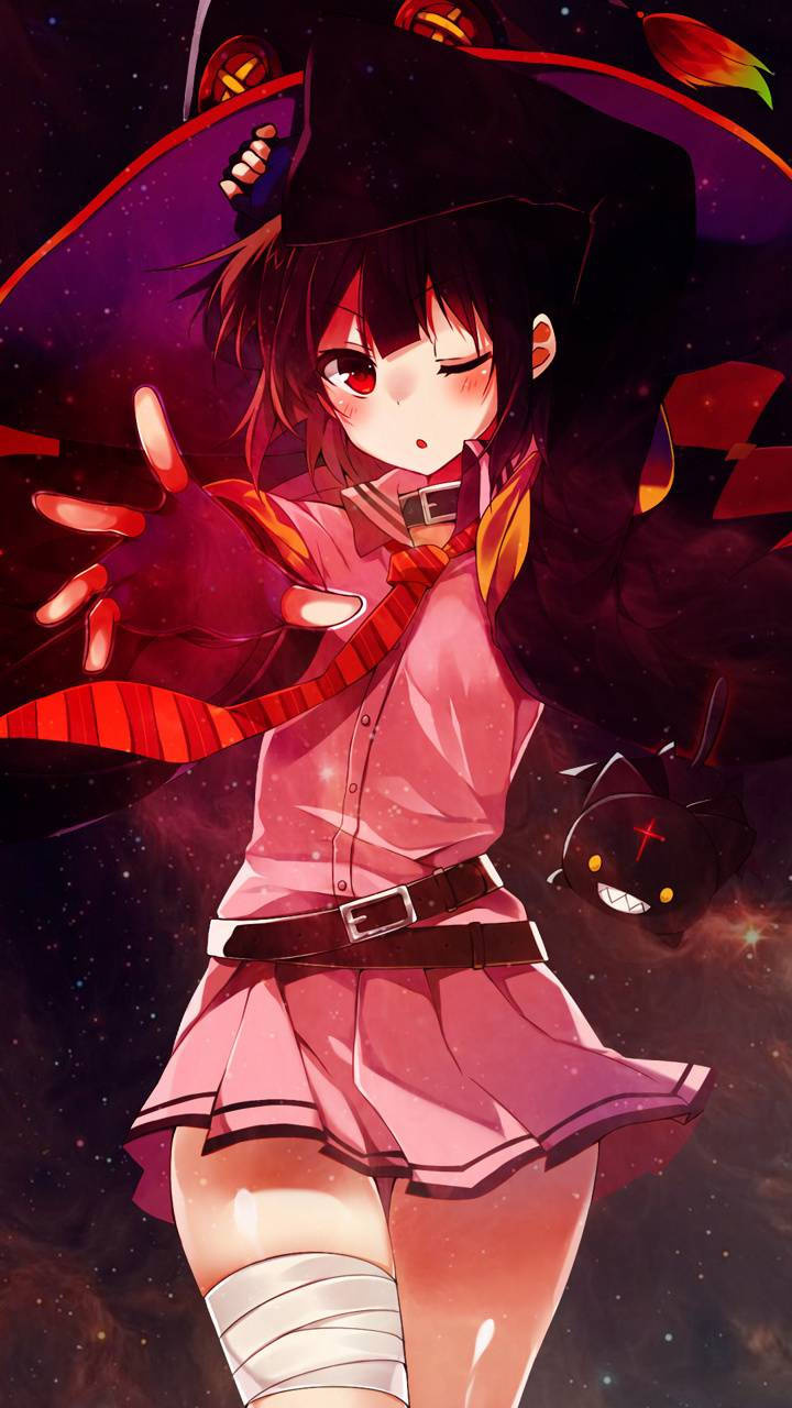 Megumin, pink outfit, starry cosmic background, HD Phone Wallpaper