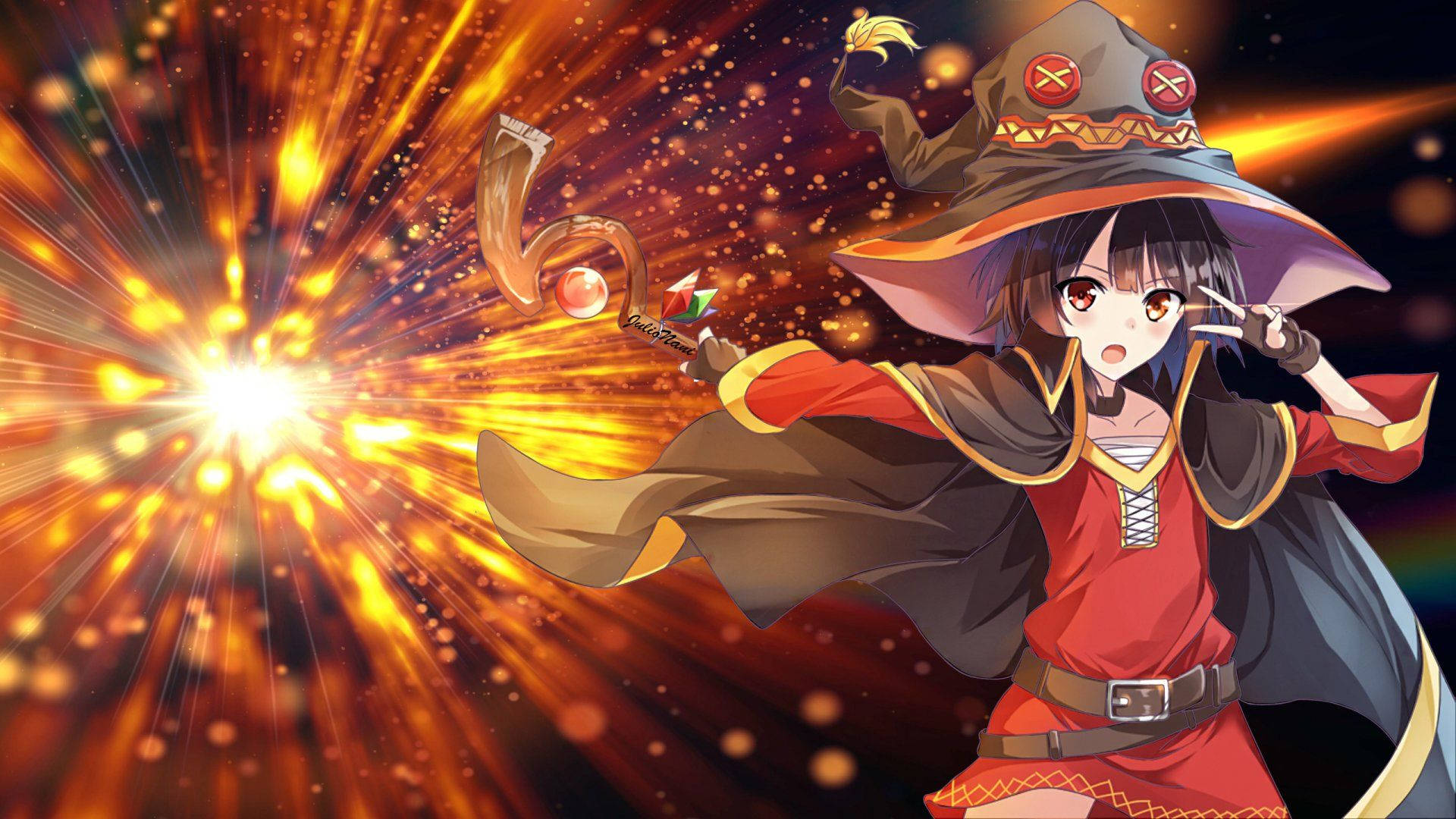 Megumin, red outfit, wide hat, Full HD Desktop Wallpaper