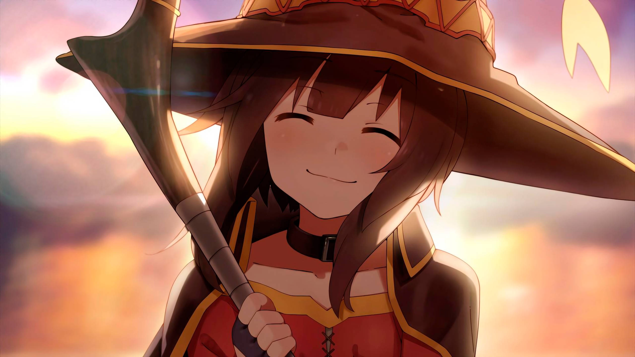 Megumin, sunset, wide-brimmed hat, 2K Desktop Wallpaper