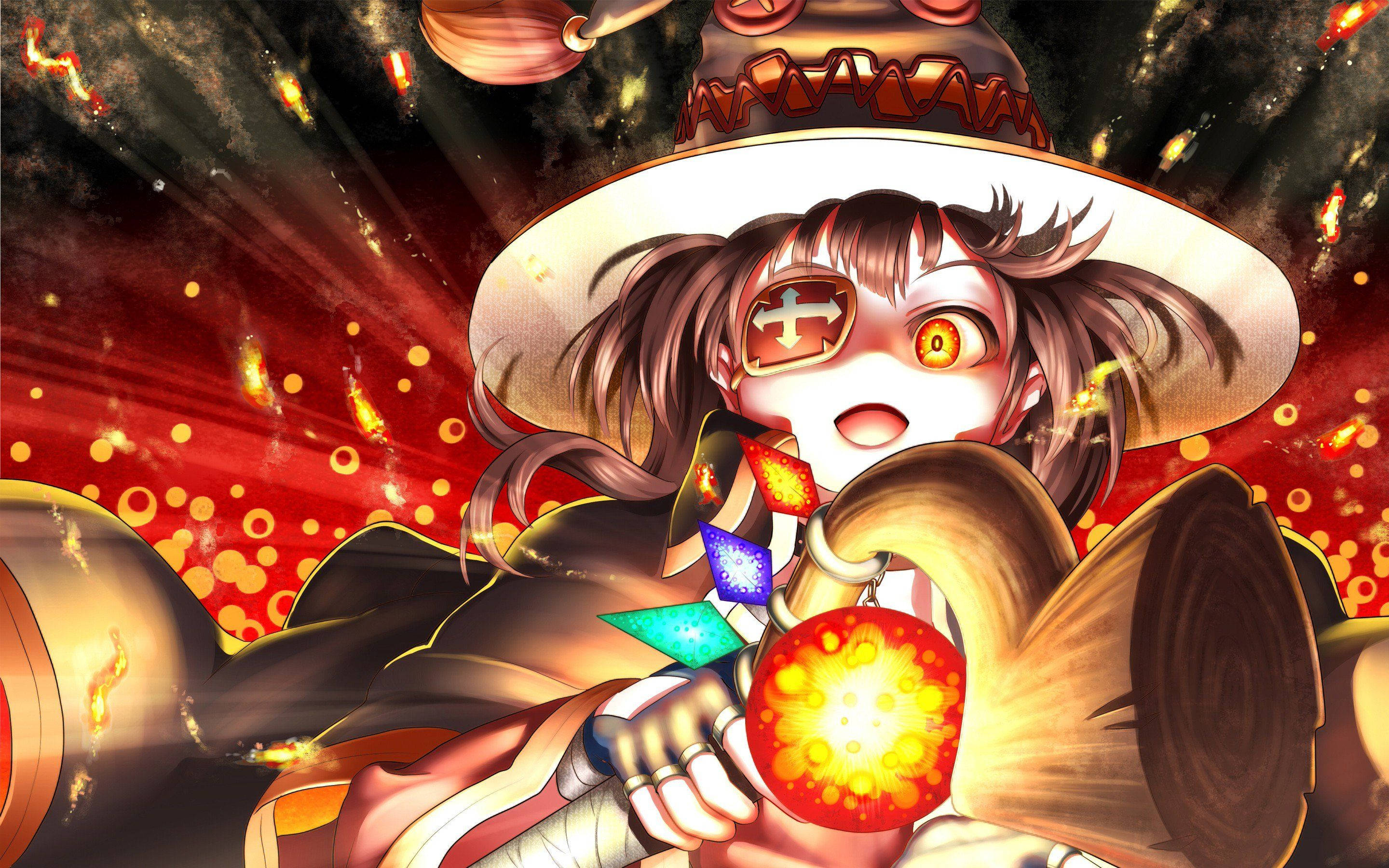 Megumin, fiery anime witch, glowing eyes, 2K Desktop Wallpaper