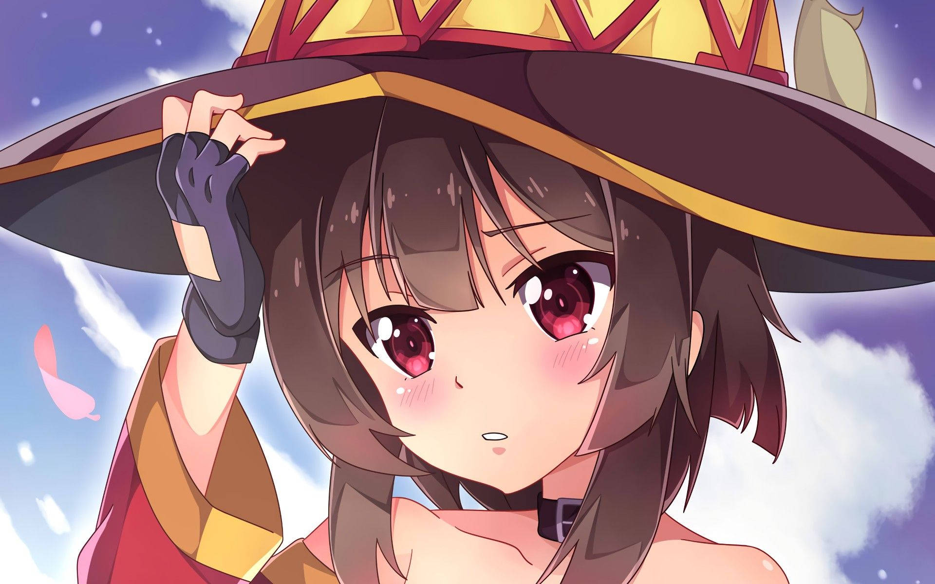 Megumin, red eyes, wide-brimmed hat, Full HD Desktop Wallpaper