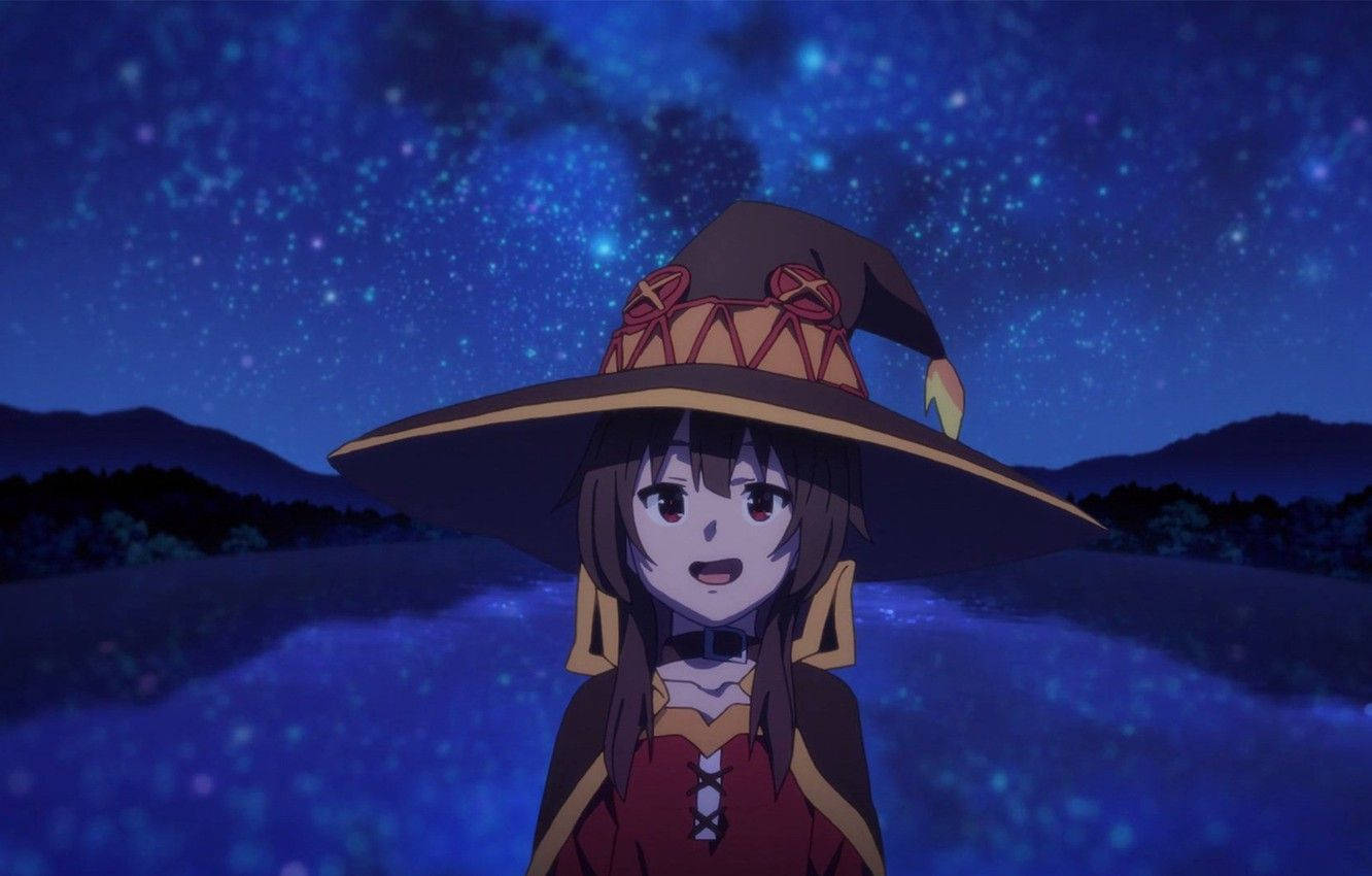 Megumin, starry night sky, glowing blue particles, HD Desktop Wallpaper