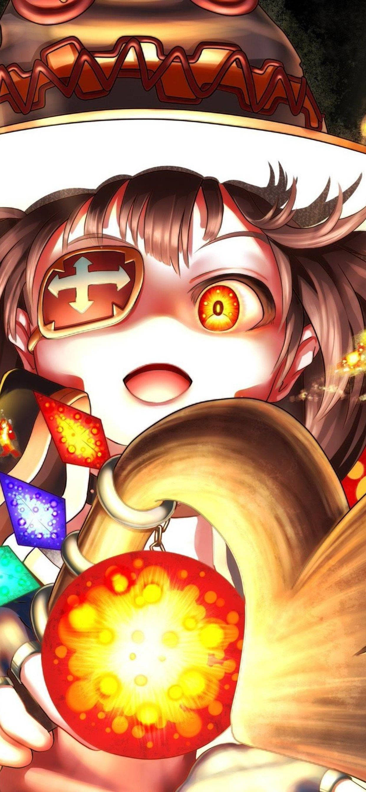 Megumin, glowing red orb, colorful gemstones, 2K Phone Wallpaper