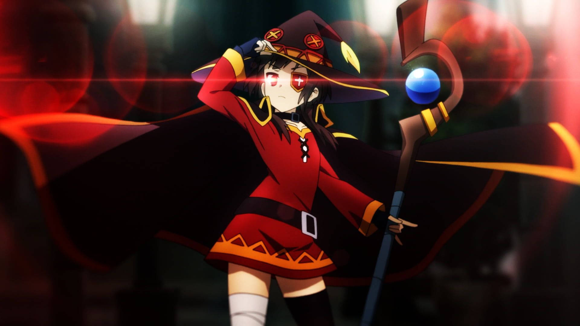 Megumin, red and black robes, glowing staff, Full HD Desktop Wallpaper