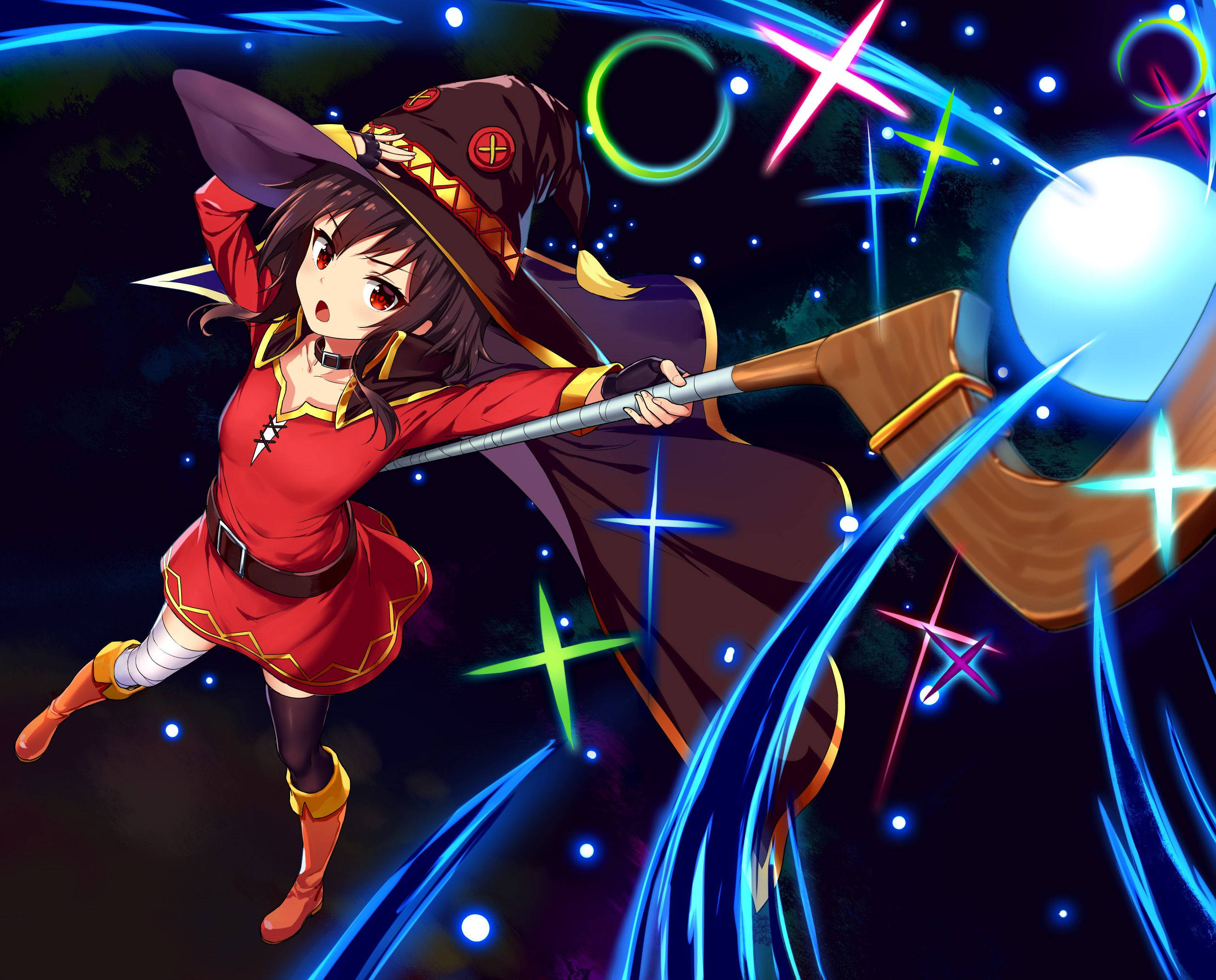 Megumin, blue orb, red dress, 2K Desktop Wallpaper
