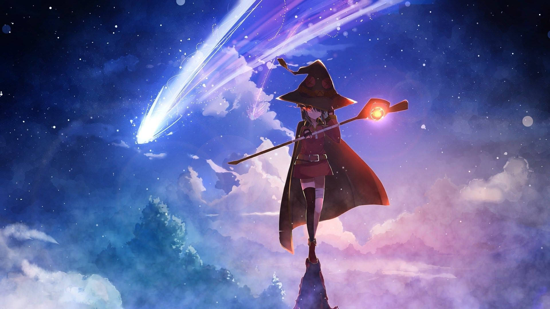Megumin, red cloak, starry sky, Full HD Desktop Wallpaper