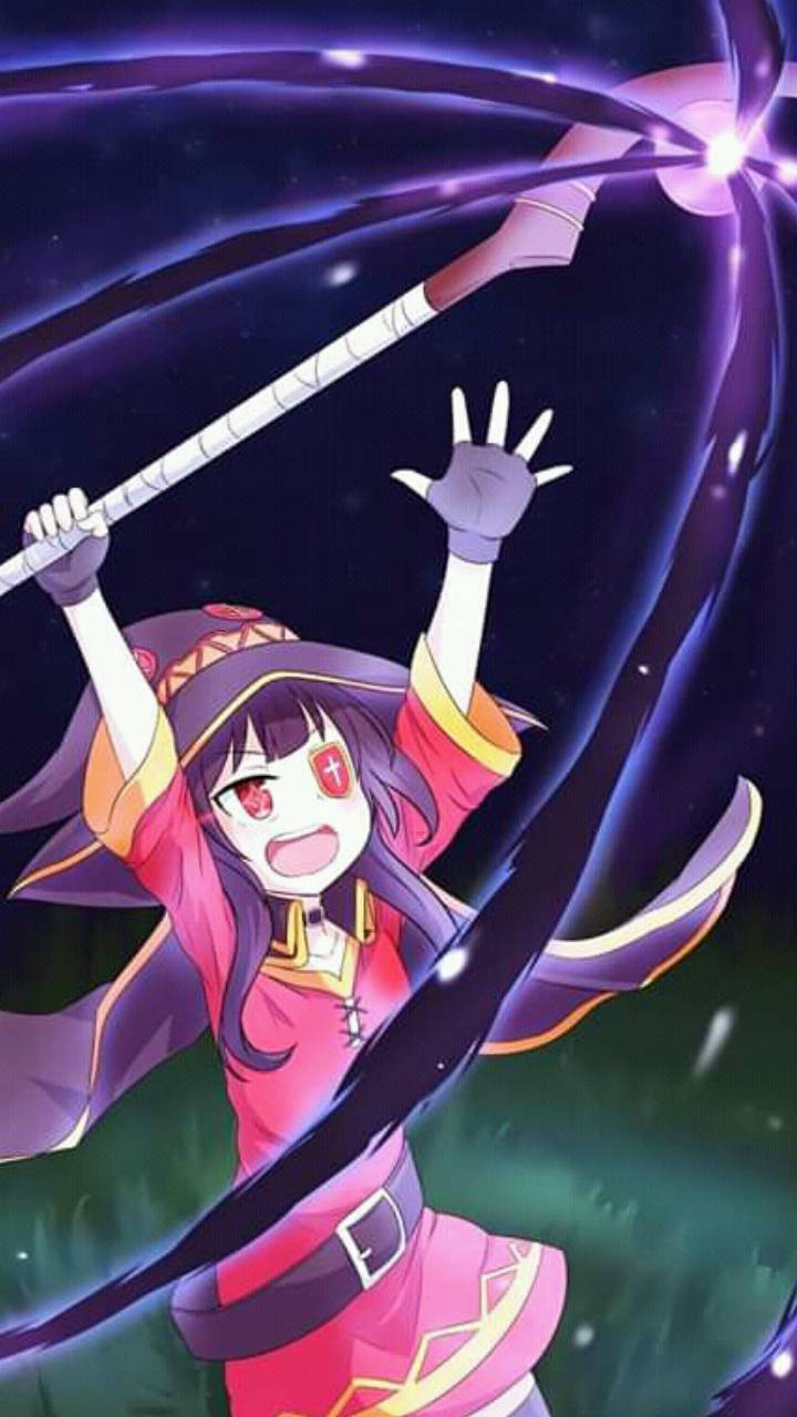 Megumin, pink outfit, glowing purple staff, HD Phone Wallpaper