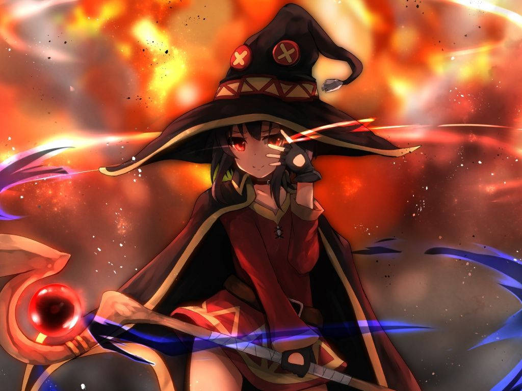 Megumin, red cloak, glowing sword, SD Desktop Wallpaper