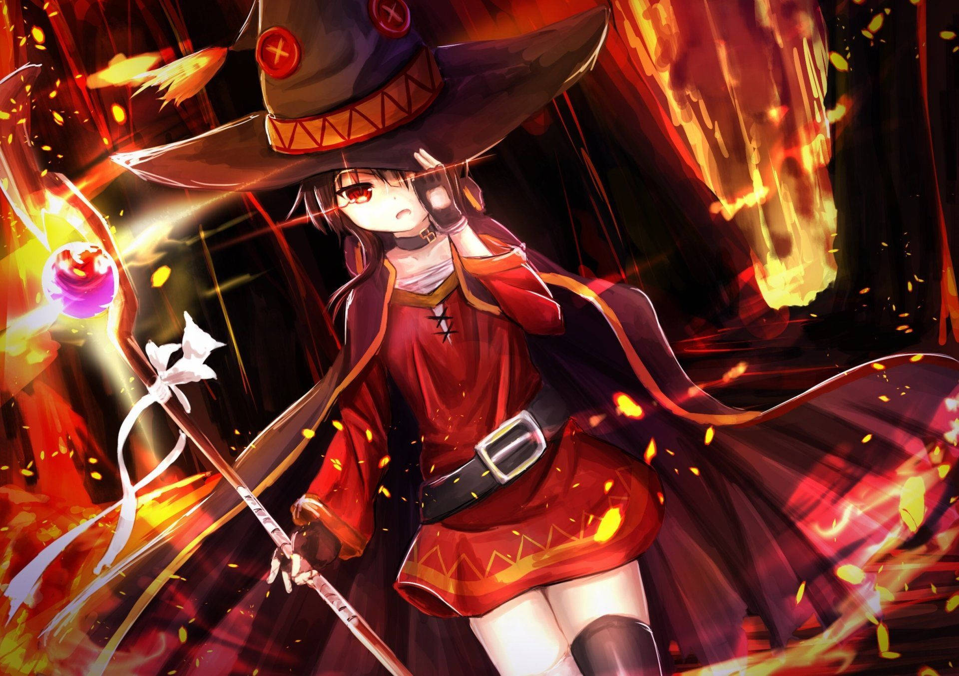 Megumin, fire rain, red outfit, Full HD Desktop Wallpaper