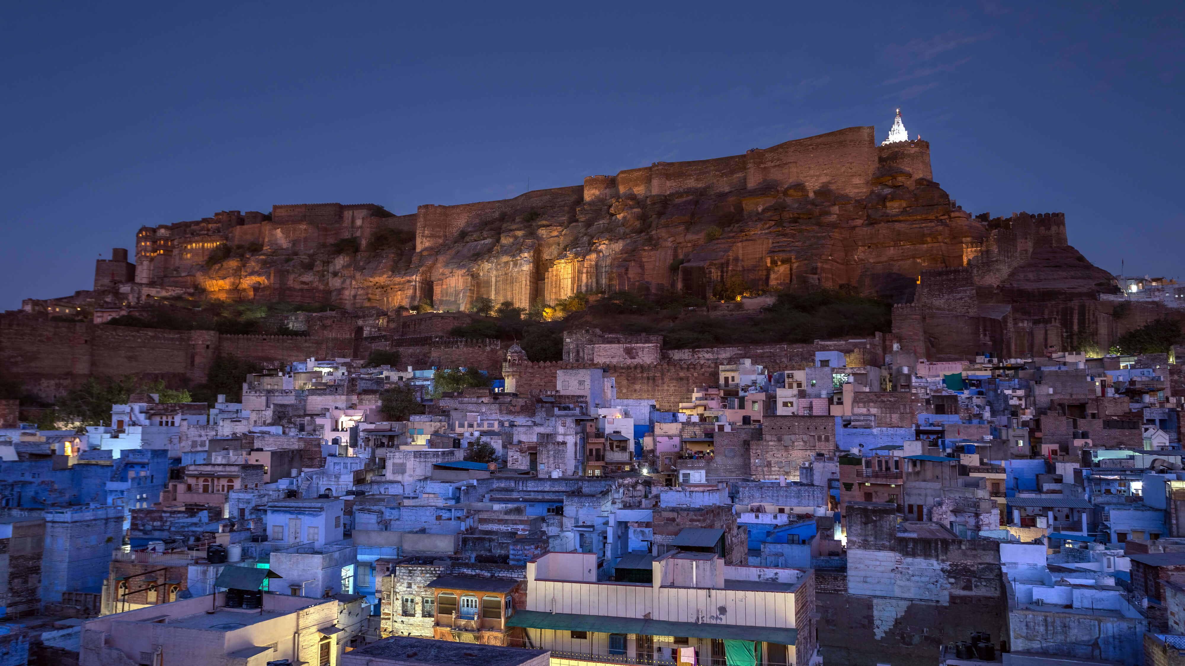 Mehrangarh Fort, night, blue glow, 4K Desktop Wallpaper