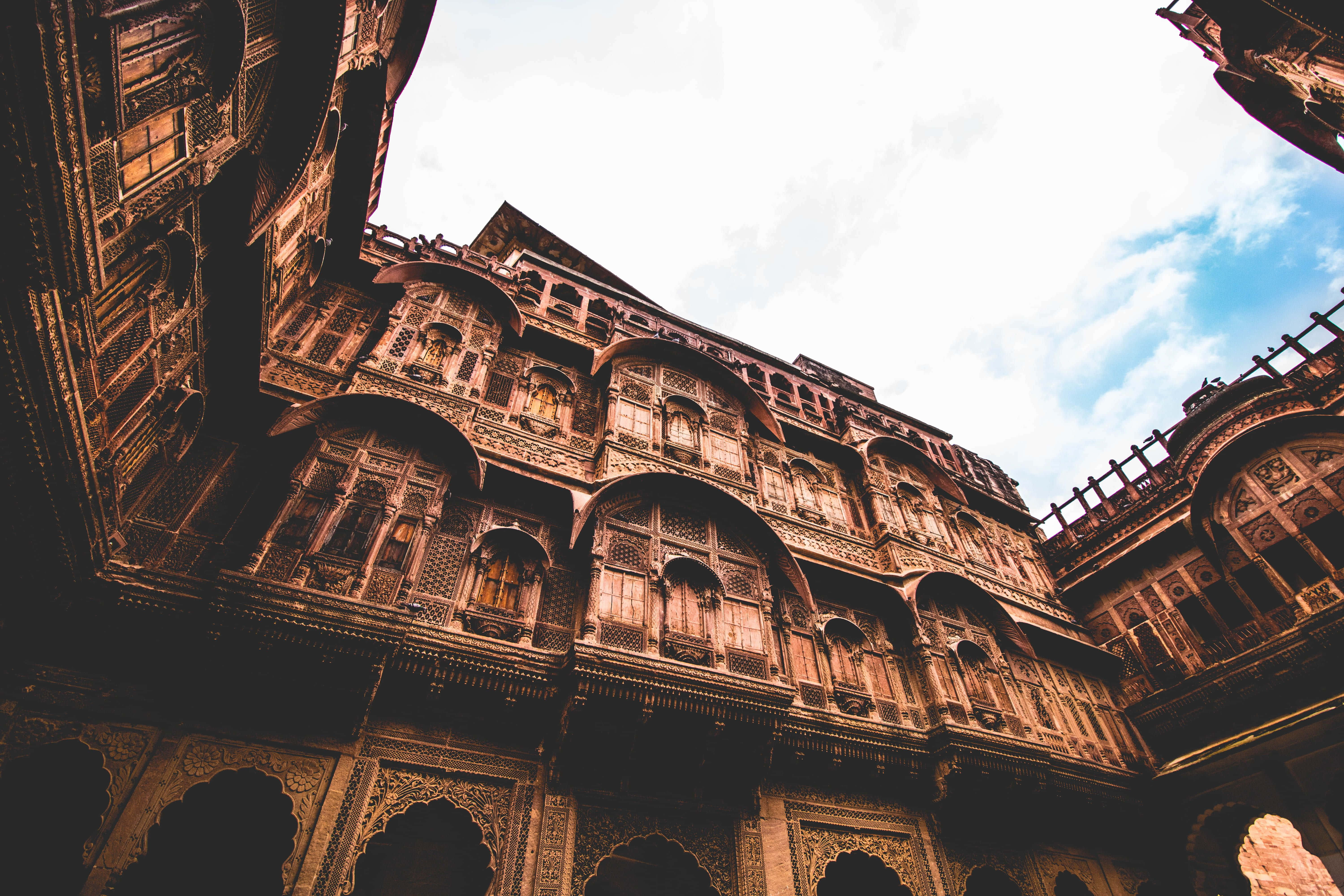 Mehrangarh Fort, courtyard, partly cloudy sky, 5K Desktop Wallpaper