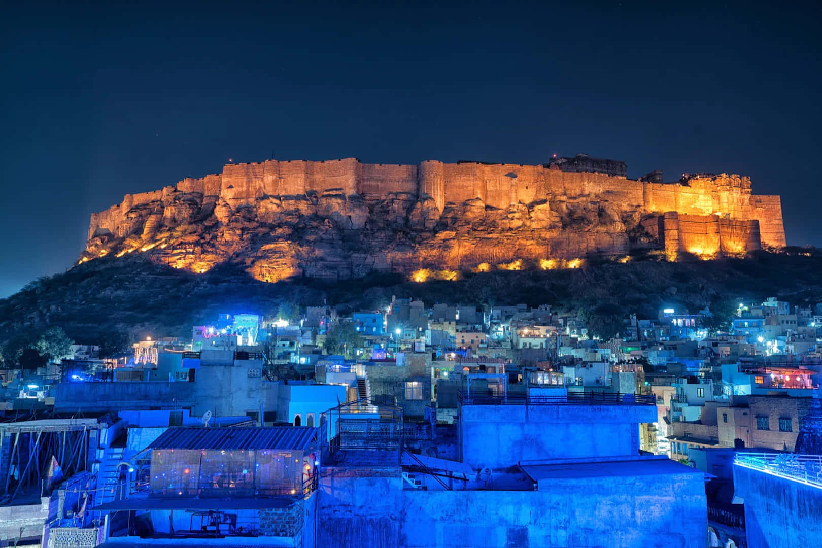 Mehrangarh Fort, night illumination, warm glow, HD Desktop Wallpaper