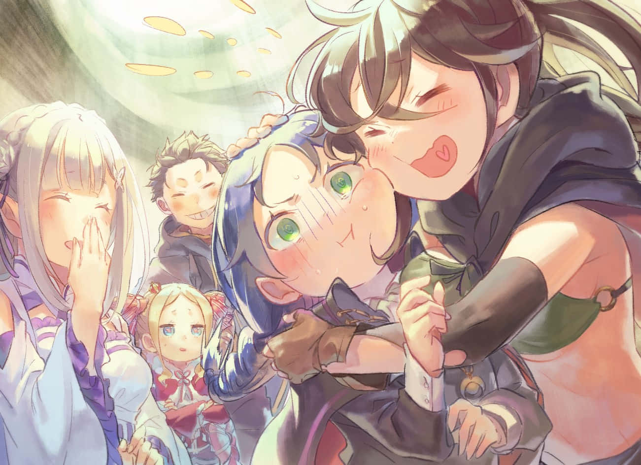 Meili Portroute, anime group, kissing on the cheek, HD Desktop Wallpaper