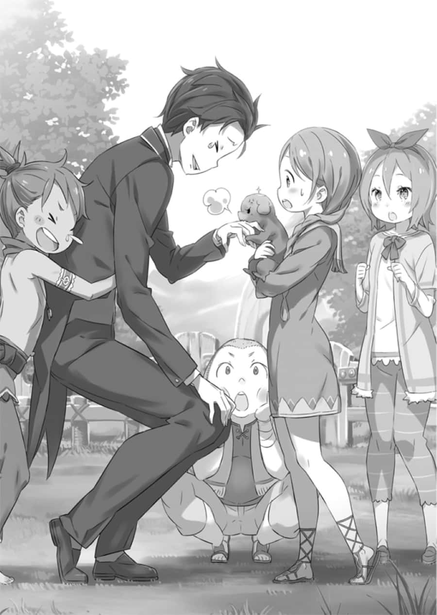 Meili Portroute, black and white anime scene, man playfully interacts, SD Phone Wallpaper