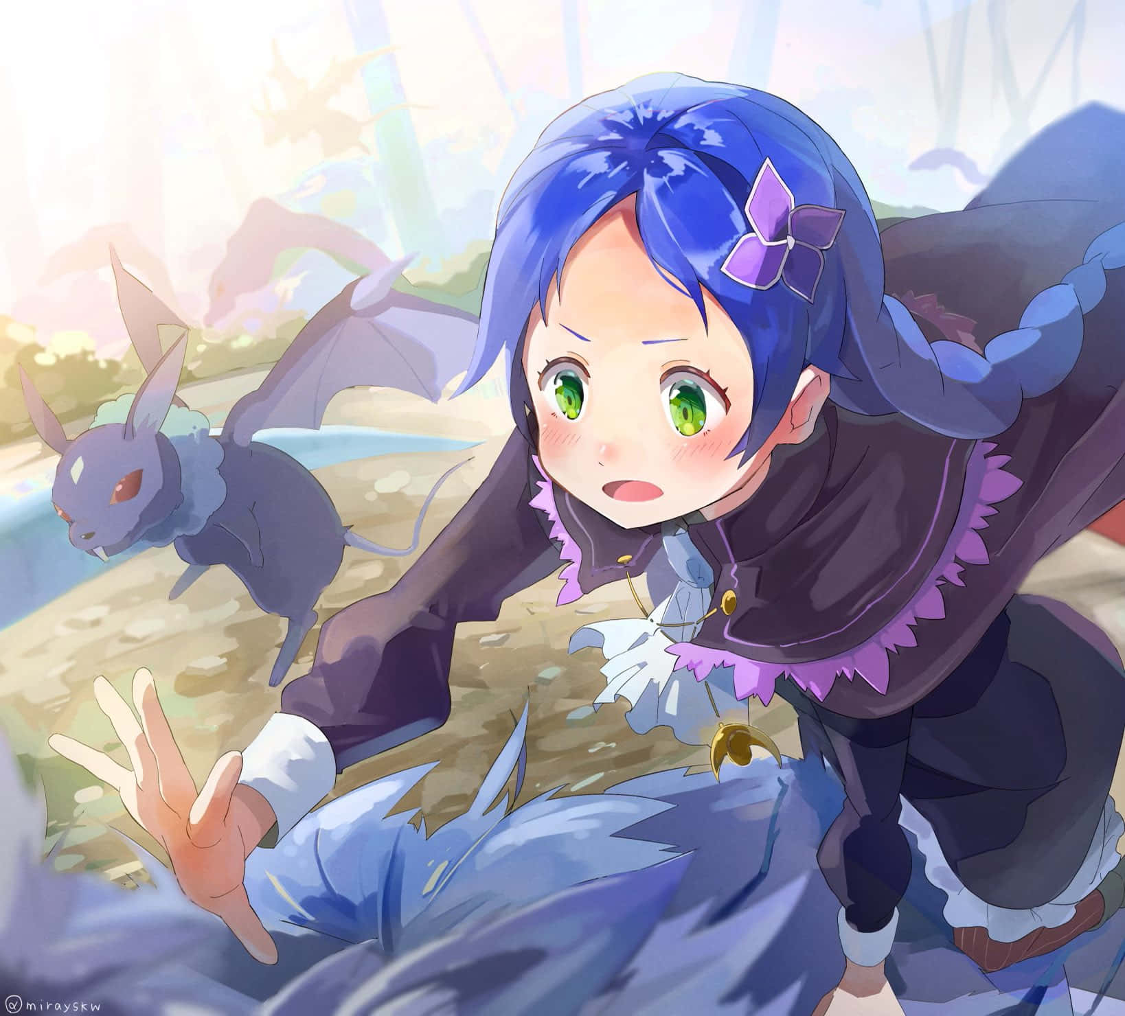 Meili Portroute, blue-haired anime girl, green eyes, HD Desktop Wallpaper