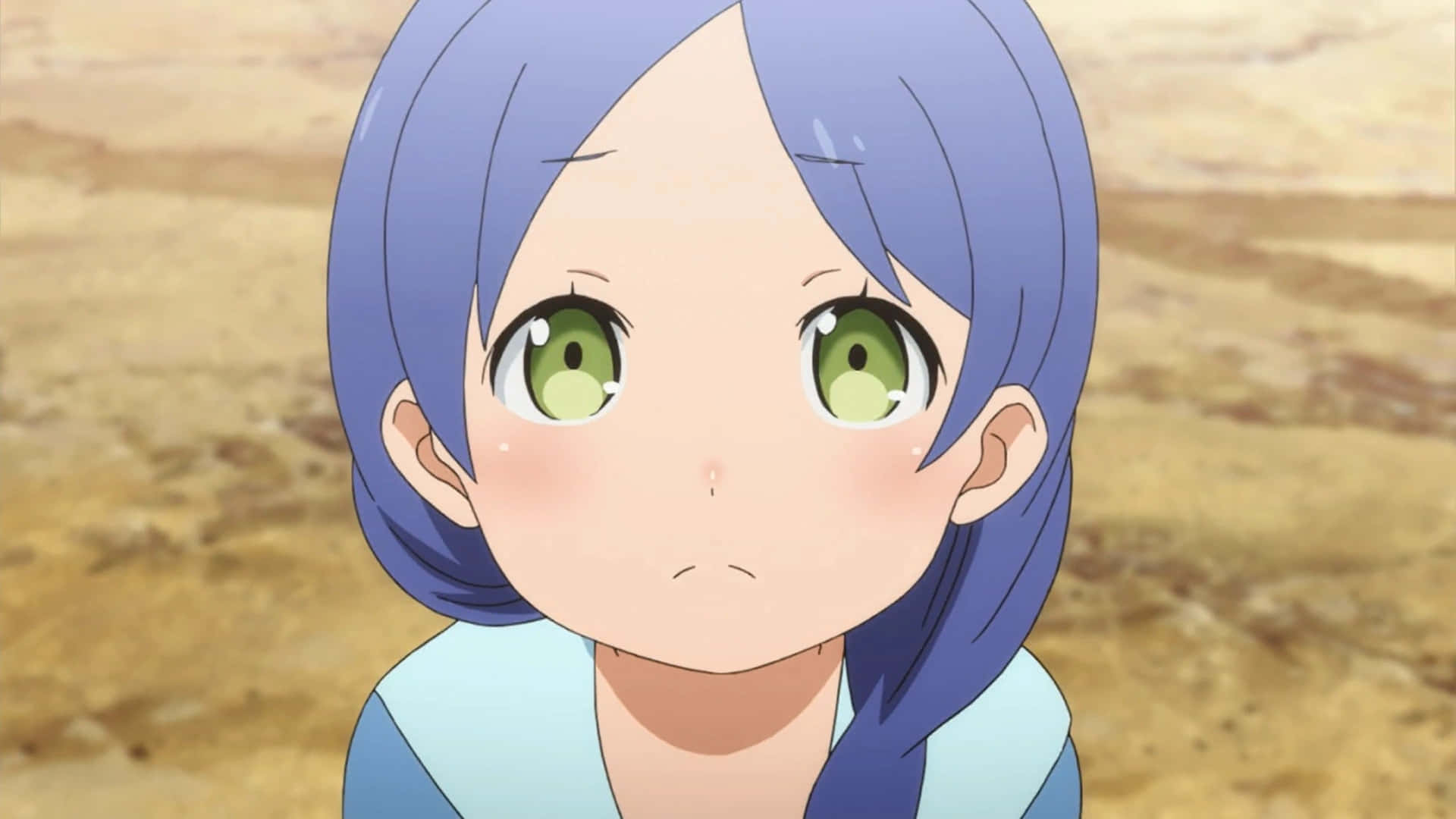 Meili Portroute, blue-haired anime girl, wide green eyes, Full HD Desktop Wallpaper