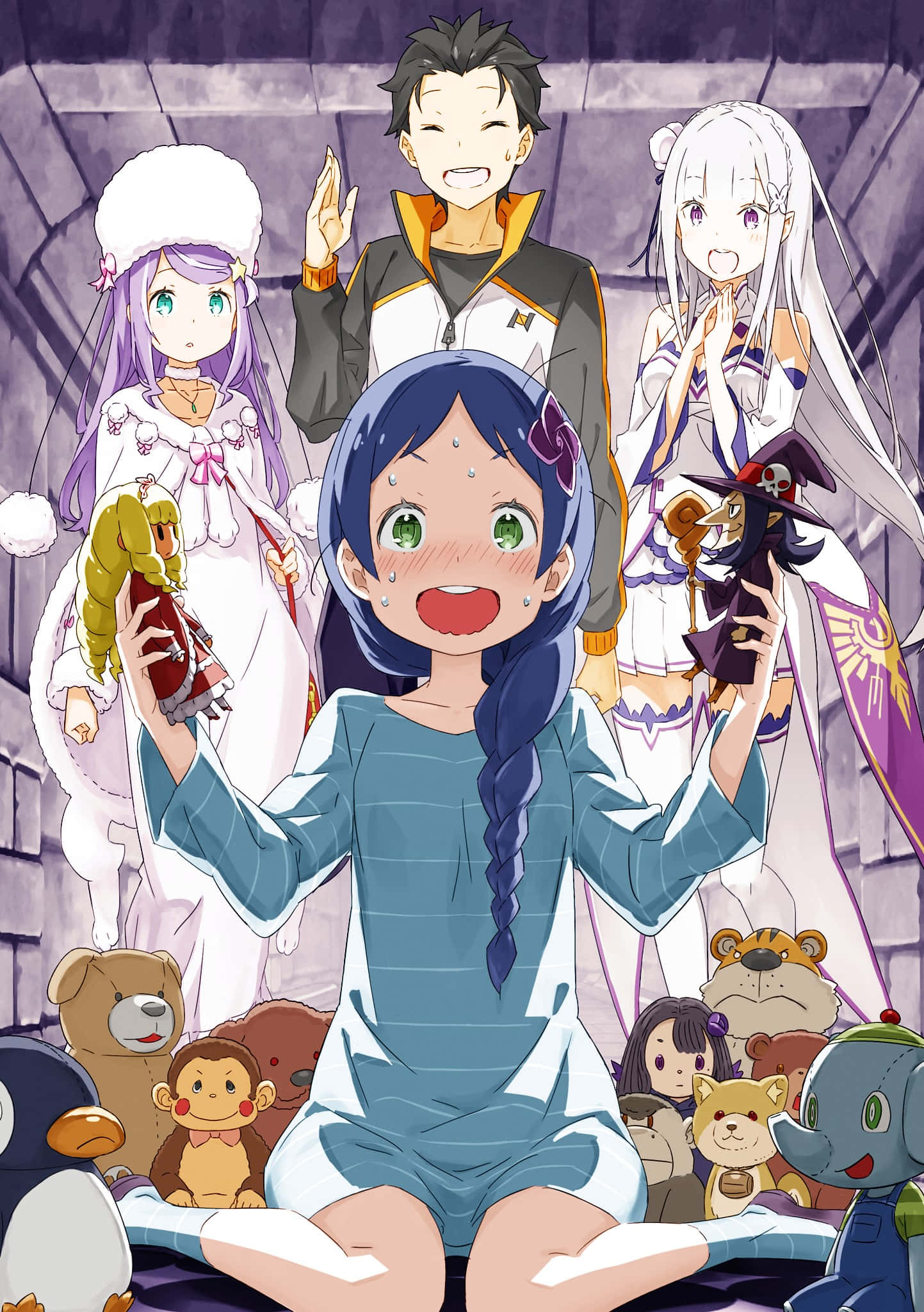 Meili Portroute, anime girl in pajamas, plush toys, Full HD Phone Wallpaper