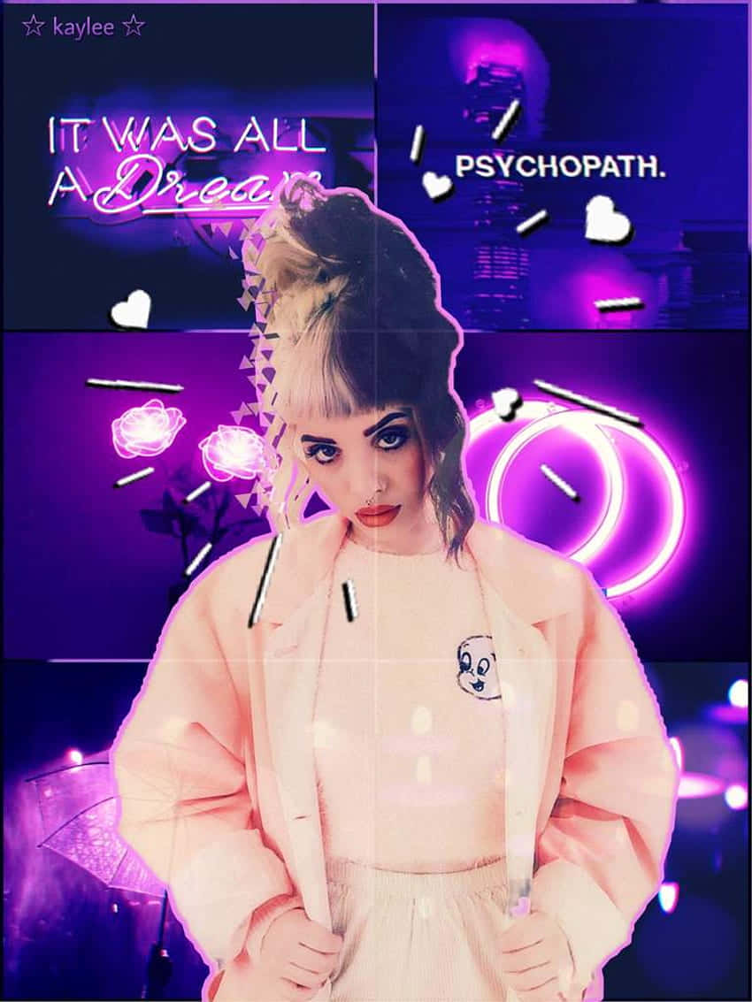 Melanie Martinez, pink outfit, vibrant purple neon-lit collage, SD Phone Wallpaper