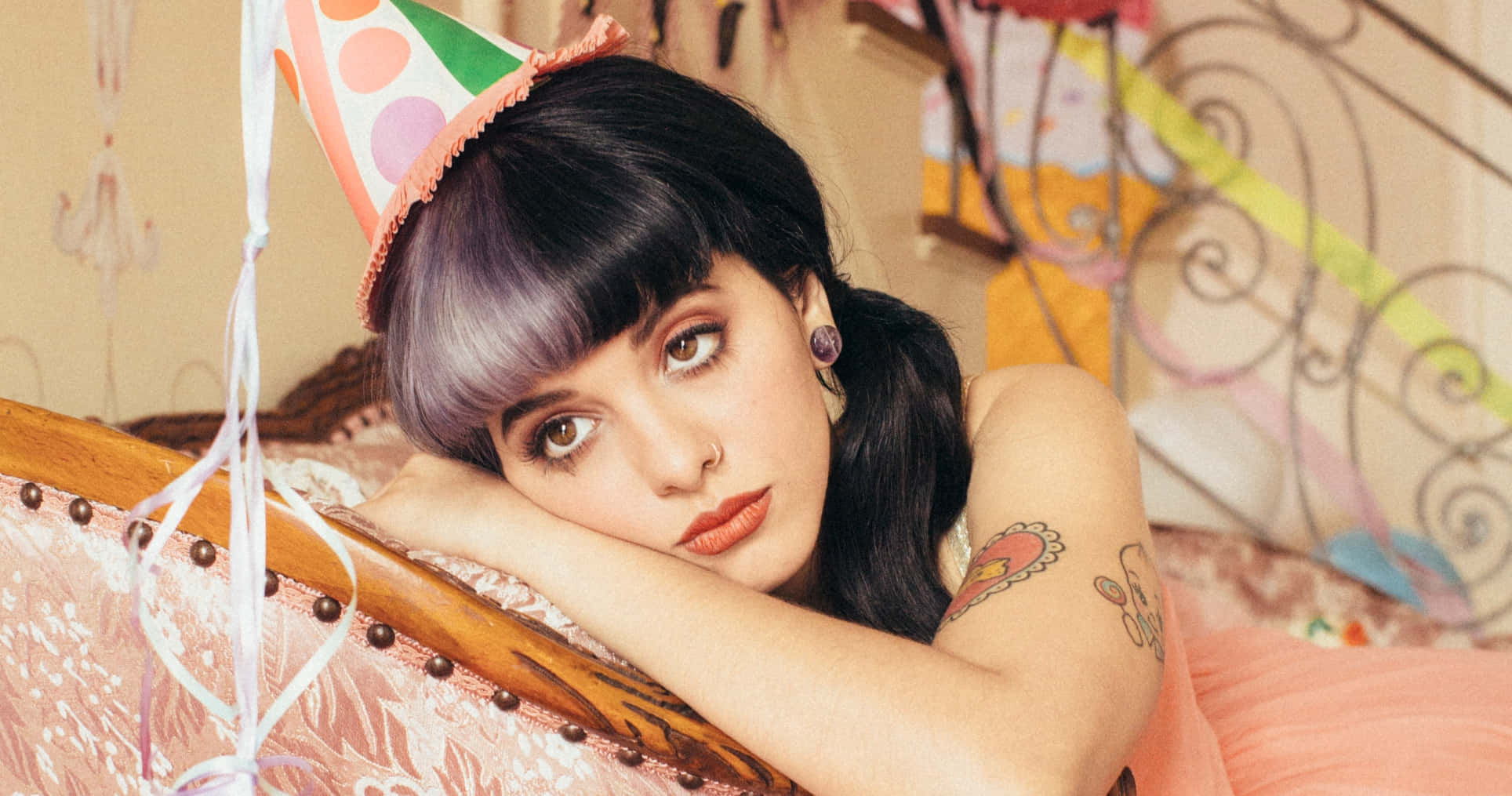 Melanie Martinez, purple hair, party hat, Full HD Desktop Wallpaper