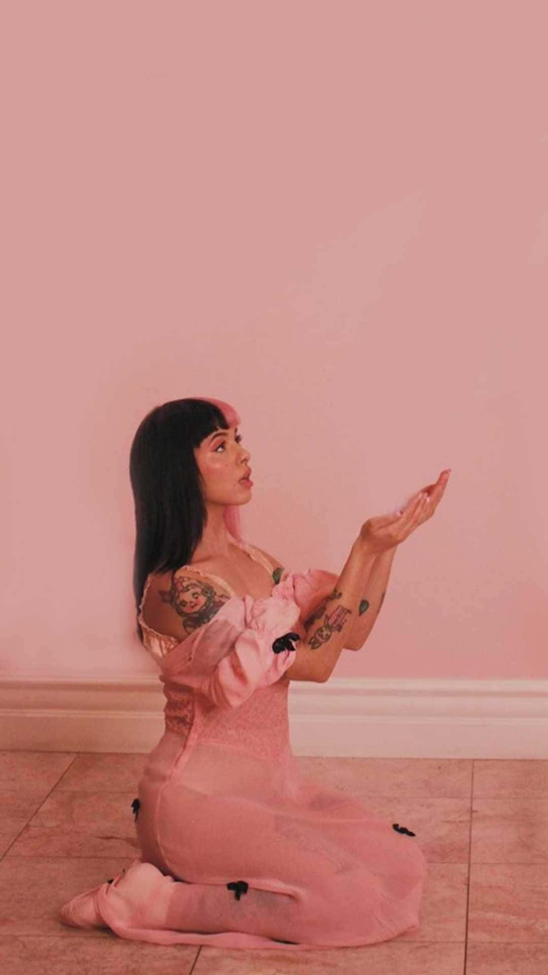 Melanie Martinez, pink dress, tiled floor, Full HD Phone Wallpaper