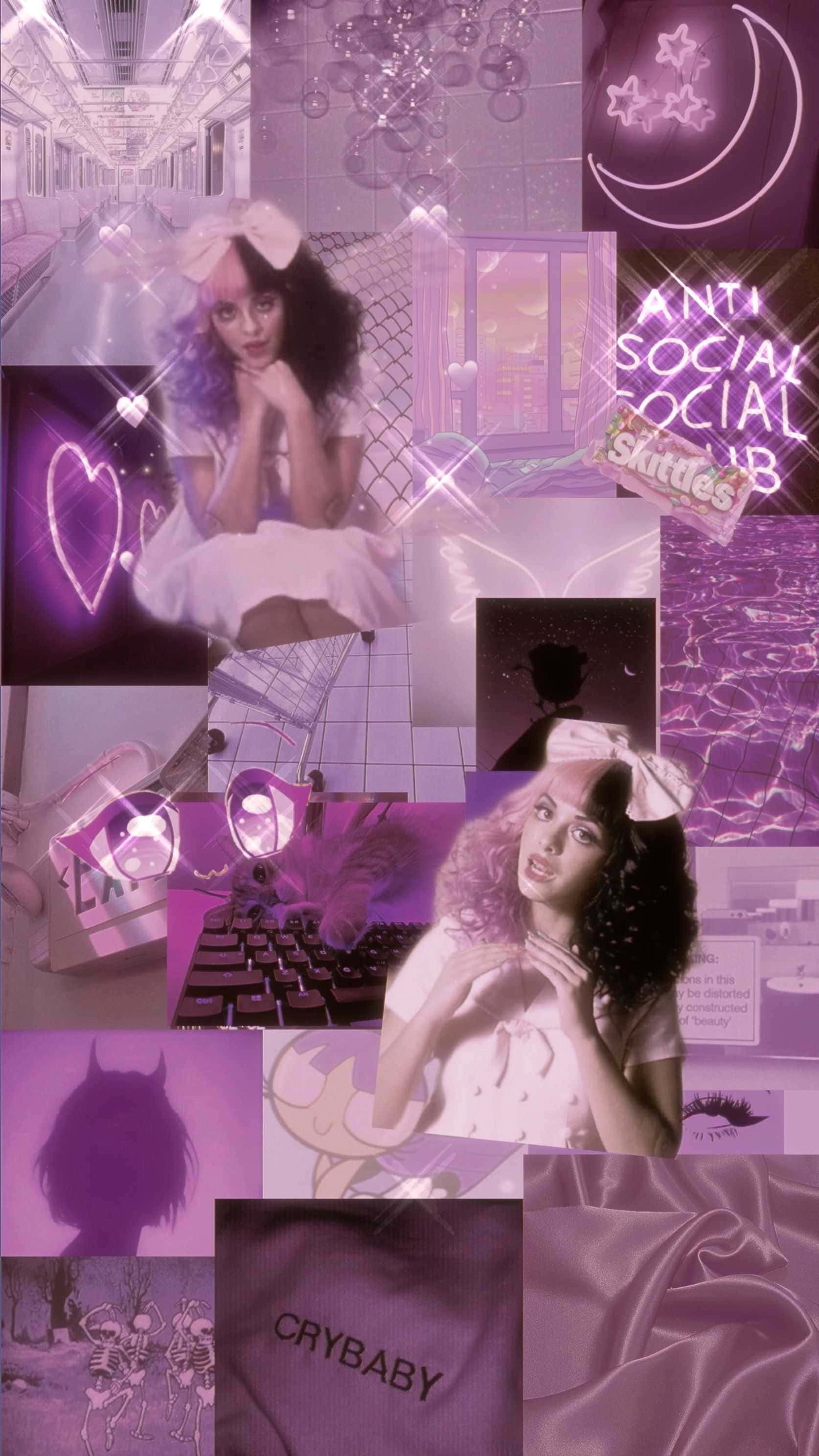 Melanie Martinez Aesthetic, purple collage, young woman with a bow, 2K Phone Wallpaper