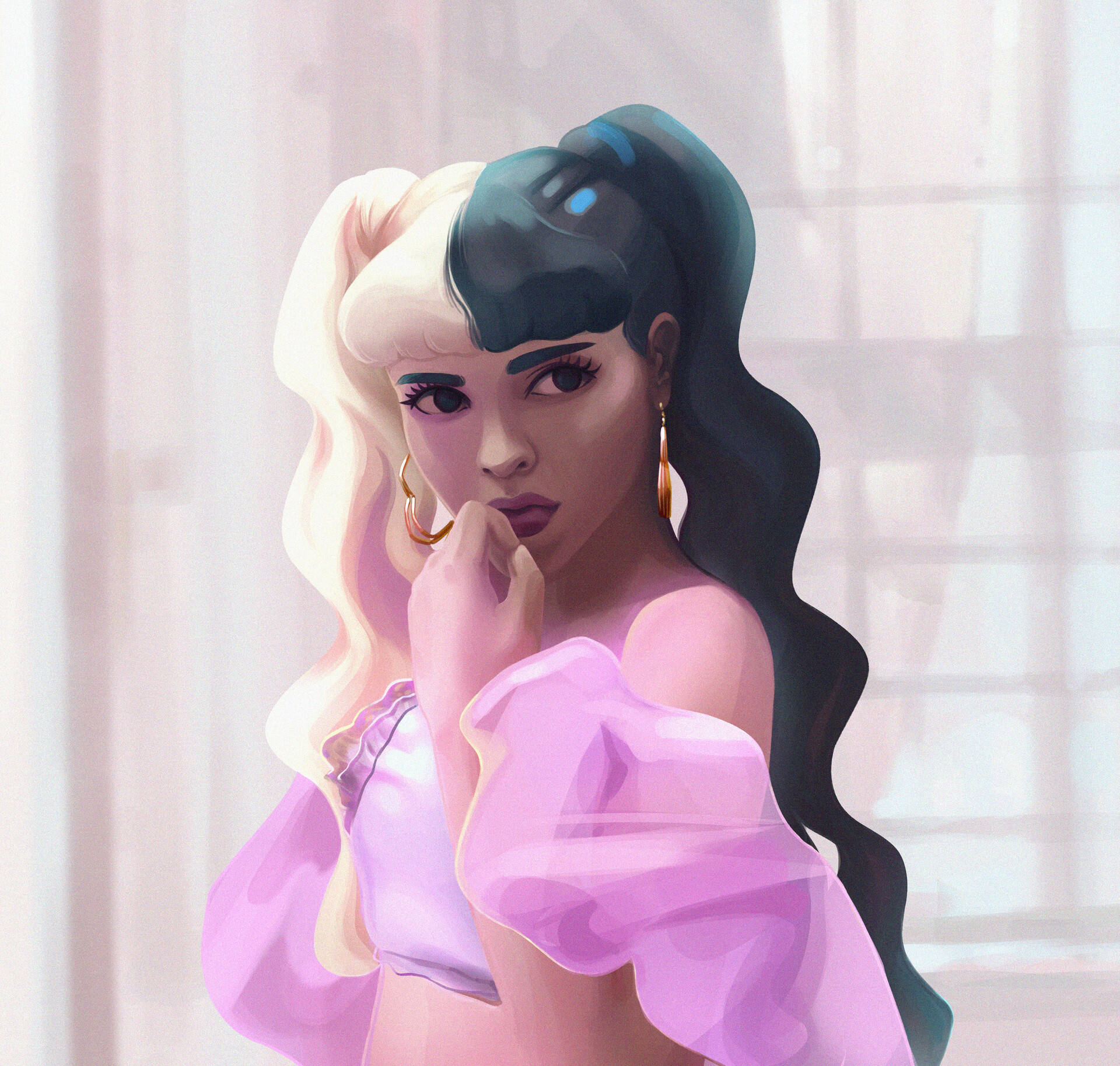 Melanie Martinez, half blonde and half black hair, pink top, Full HD Desktop Wallpaper