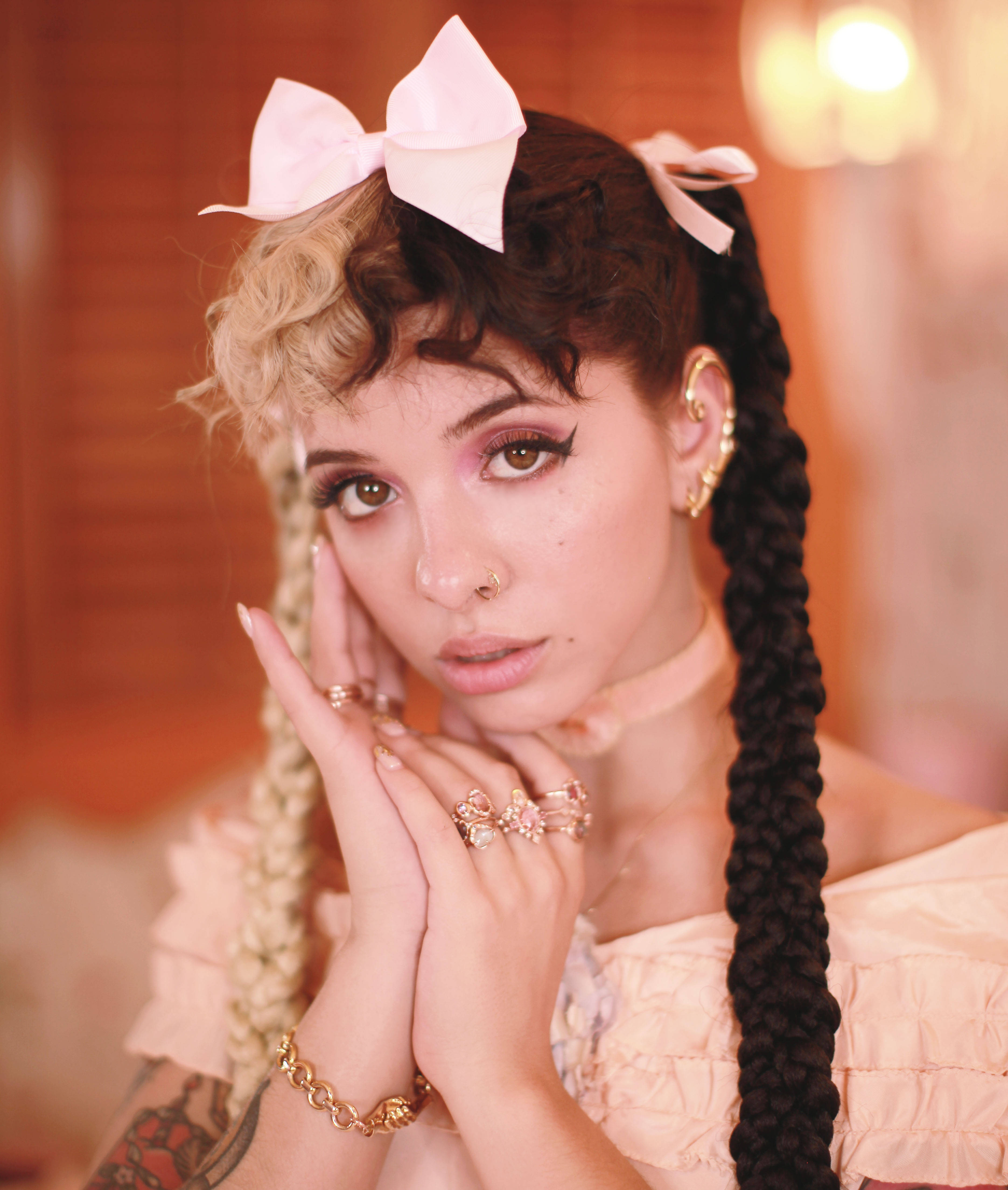 Melanie Martinez, peach, dual-toned braids, 4K Phone Wallpaper
