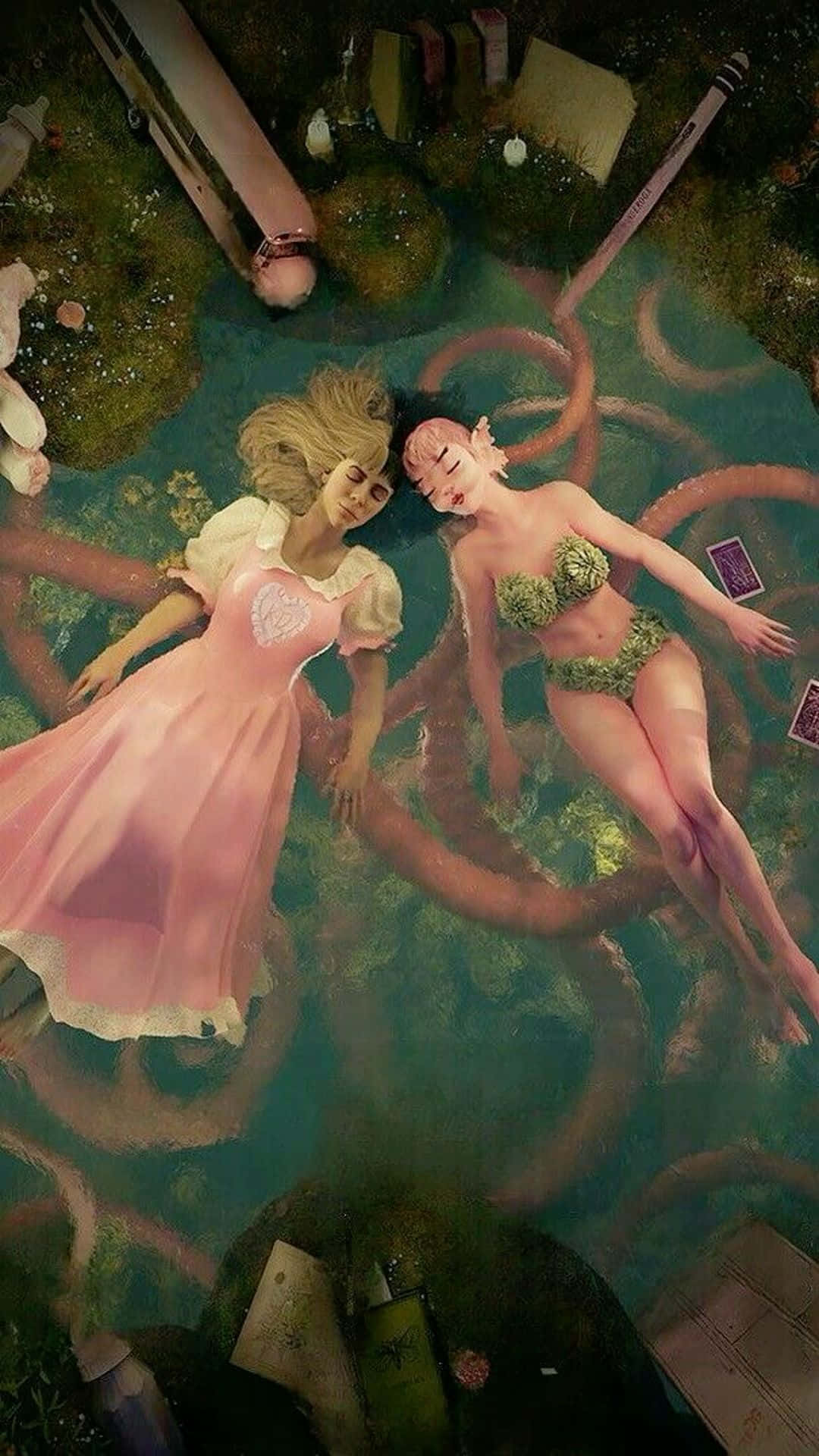 Melanie Martinez, fantasy artwork, mossy green pool, Full HD Phone Wallpaper