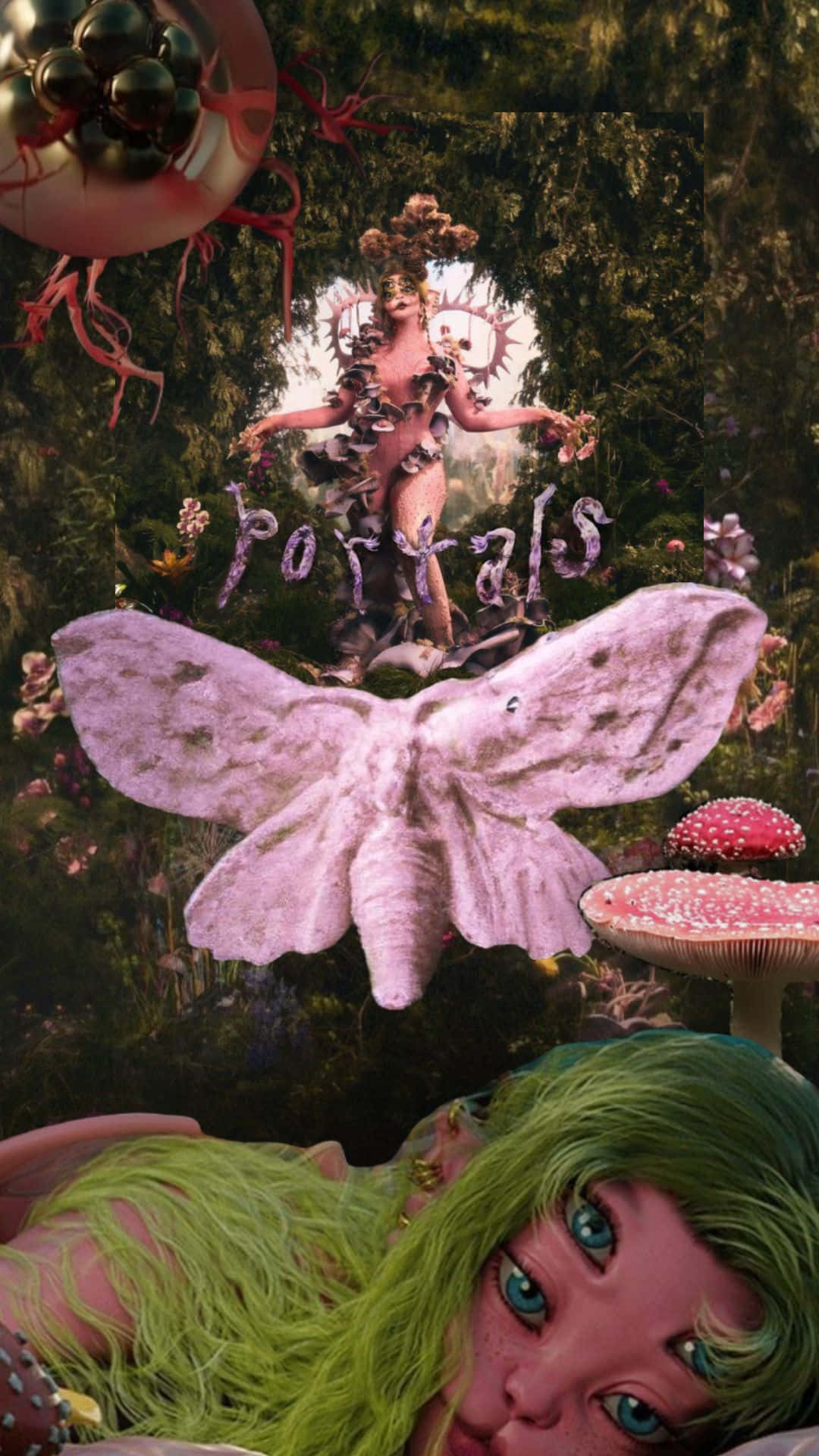 Melanie Martinez Portals, pink moth, green-haired figure, Full HD Phone Wallpaper