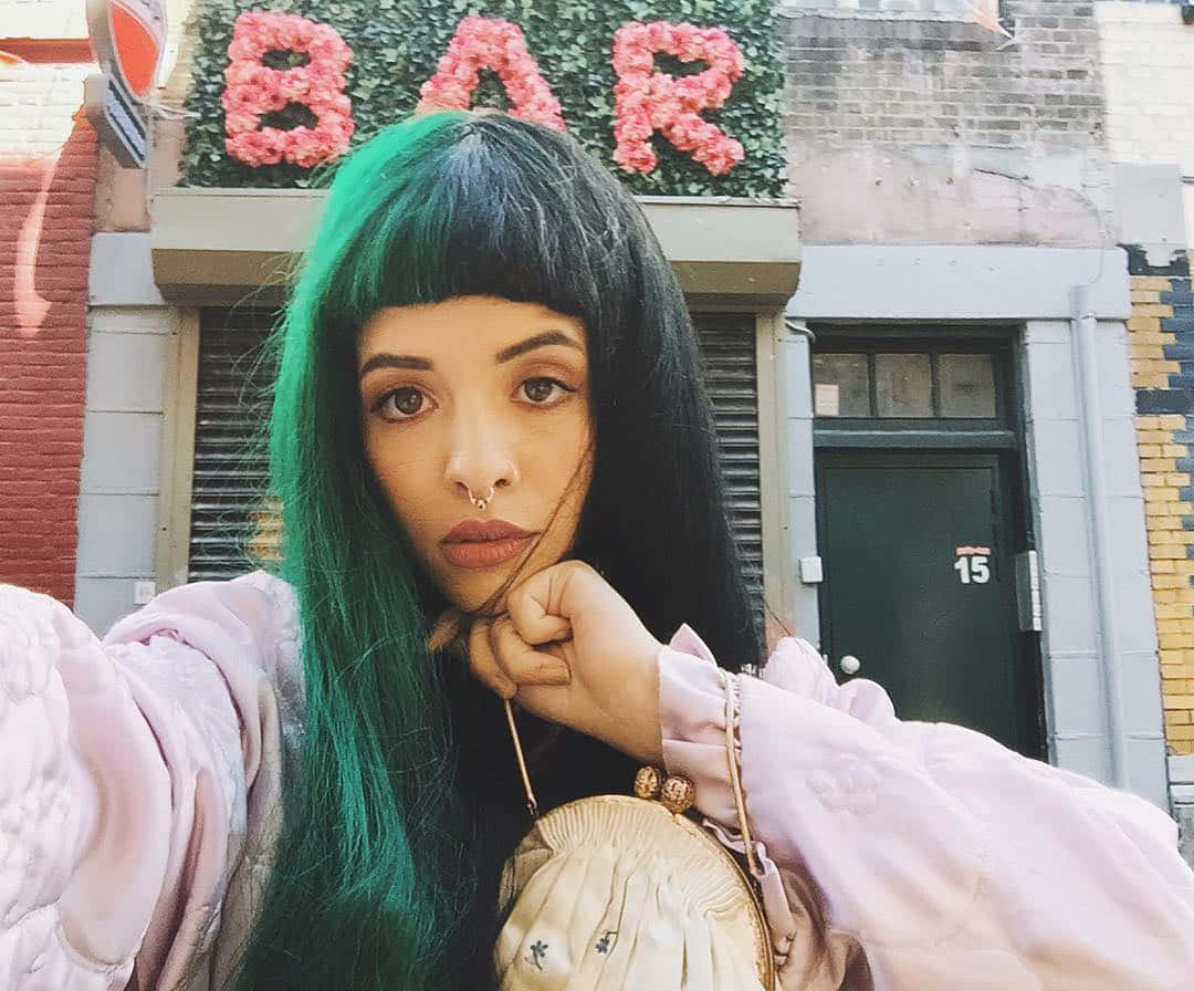 Melanie Martinez, green and black hair, floral bar sign, SD Desktop Wallpaper