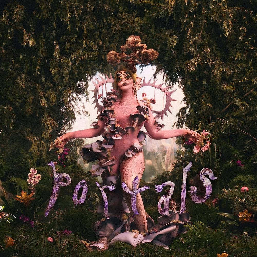 Melanie Martinez Portals, fantasy forest setting, glowing purple text, SD Desktop Wallpaper