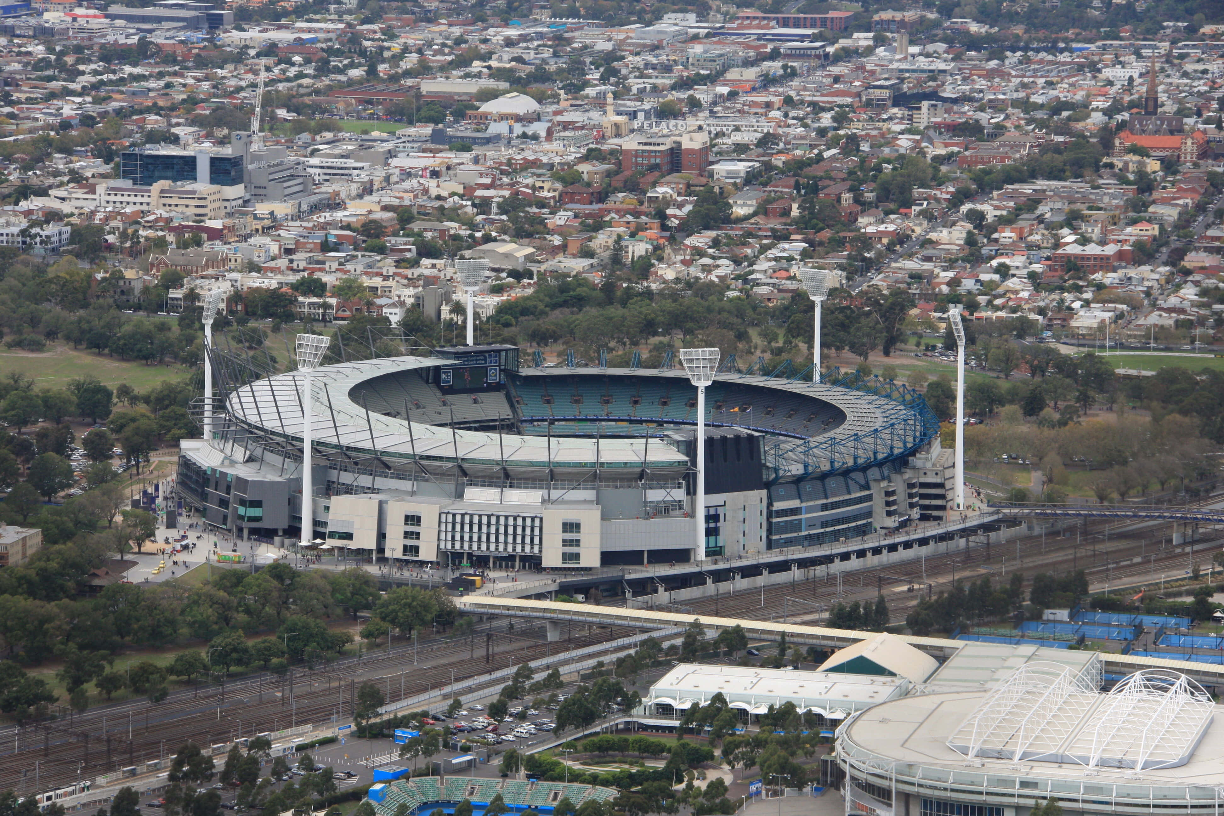 Melbourne Cricket Ground, aerial view, modern stadium, 4K Desktop Wallpaper
